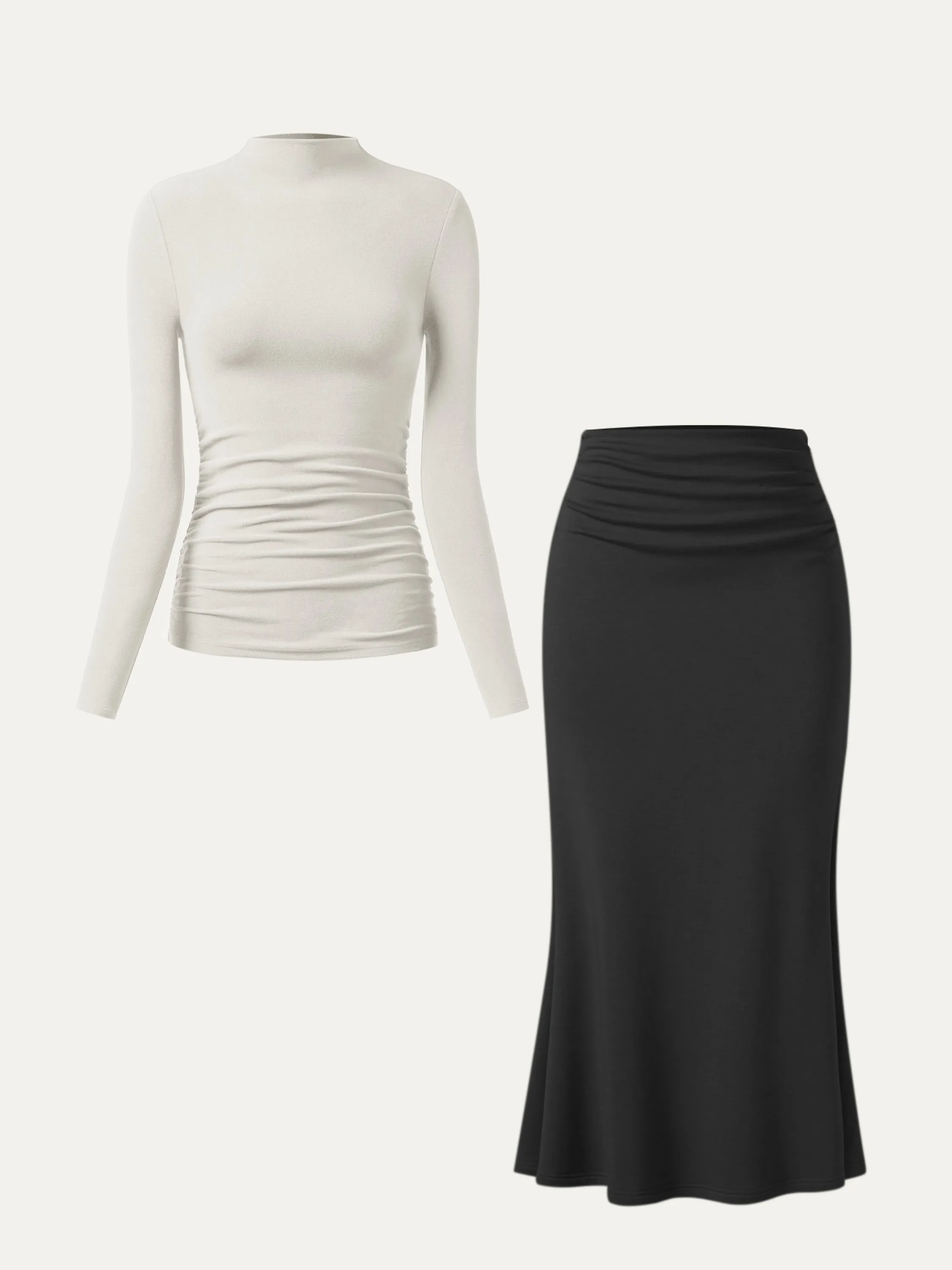 2Pcs Set Ruched Sides Mockneck Top & Mermaid Maxi Skirt sold by OGLmove product image thumbnail 5