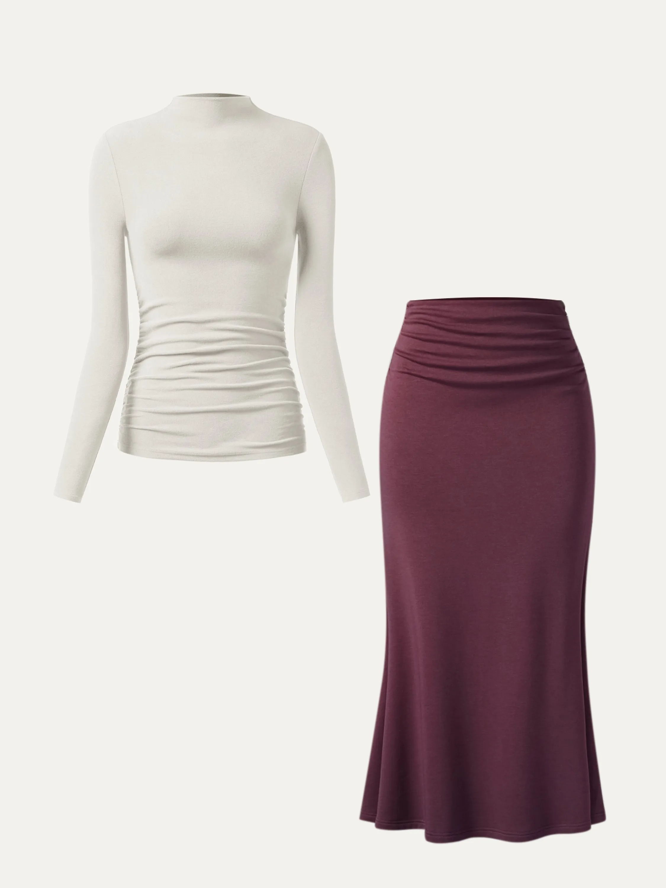 2Pcs Set Ruched Sides Mockneck Top & Mermaid Maxi Skirt sold by OGLmove product image thumbnail 3