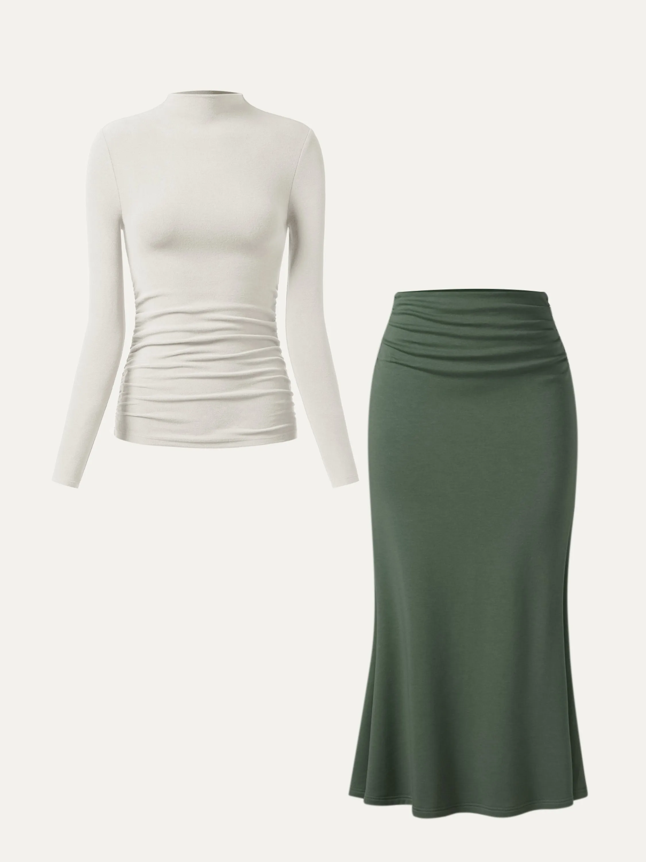 2Pcs Set Ruched Sides Mockneck Top & Mermaid Maxi Skirt sold by OGLmove product image thumbnail 2