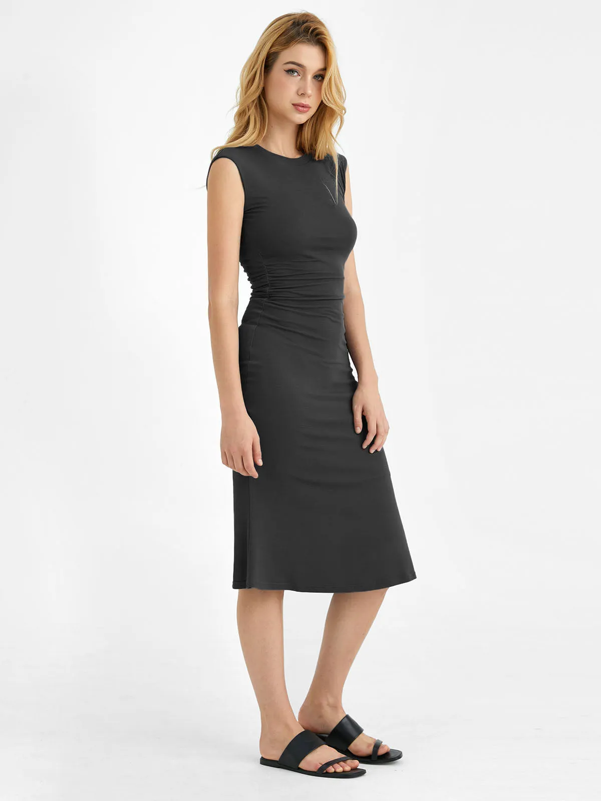 Ruched Side Wide Shoulder Crew Midi Dress sold by ogl move product image thumbnail 4