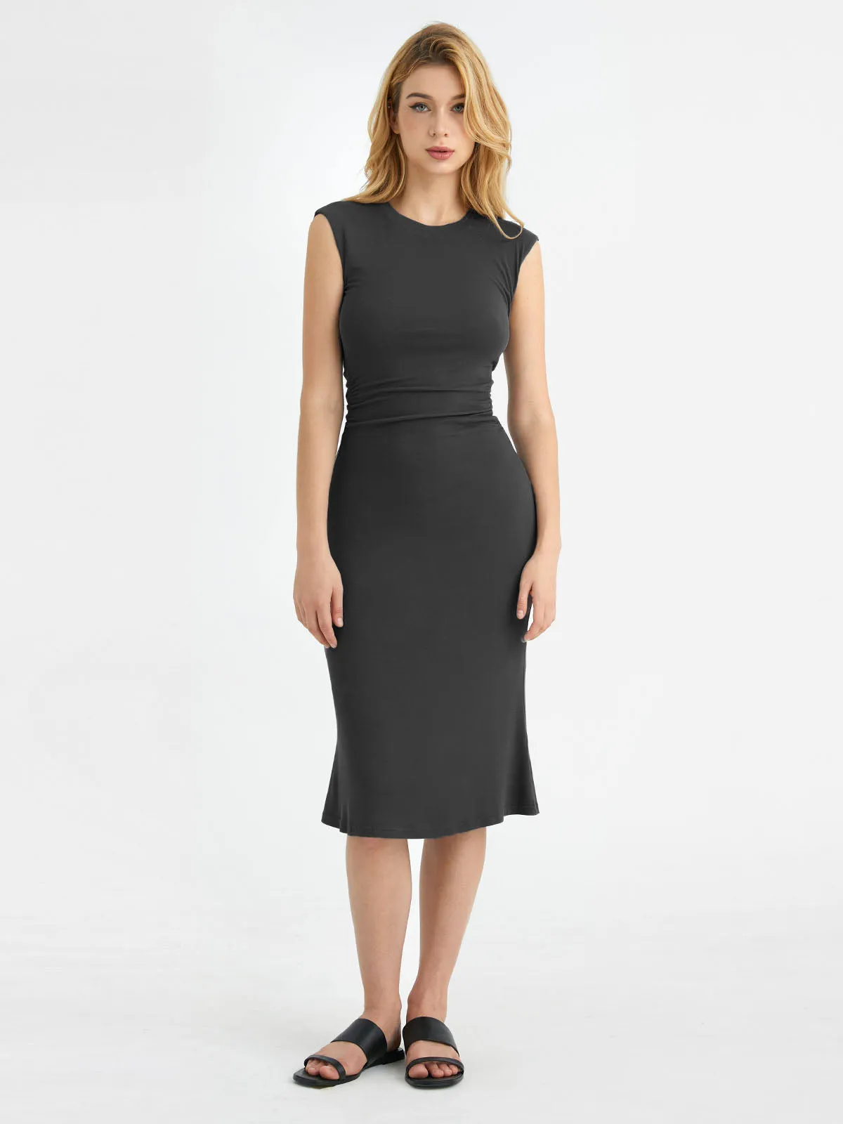 Ruched Side Wide Shoulder Crew Midi Dress sold by ogl move