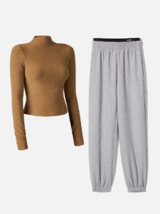 Double Waistband Sweatpants-Classic & Mock Neck Crop Top-2Pcs Set sold by ogl move