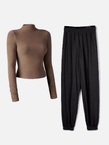Double Waistband Sweatpants-Classic & Mock Neck Crop Top-2Pcs Set sold by ogl move