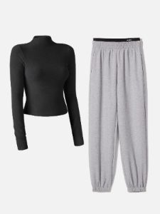 Double Waistband Sweatpants-Classic & Mock Neck Crop Top-2Pcs Set sold by ogl move