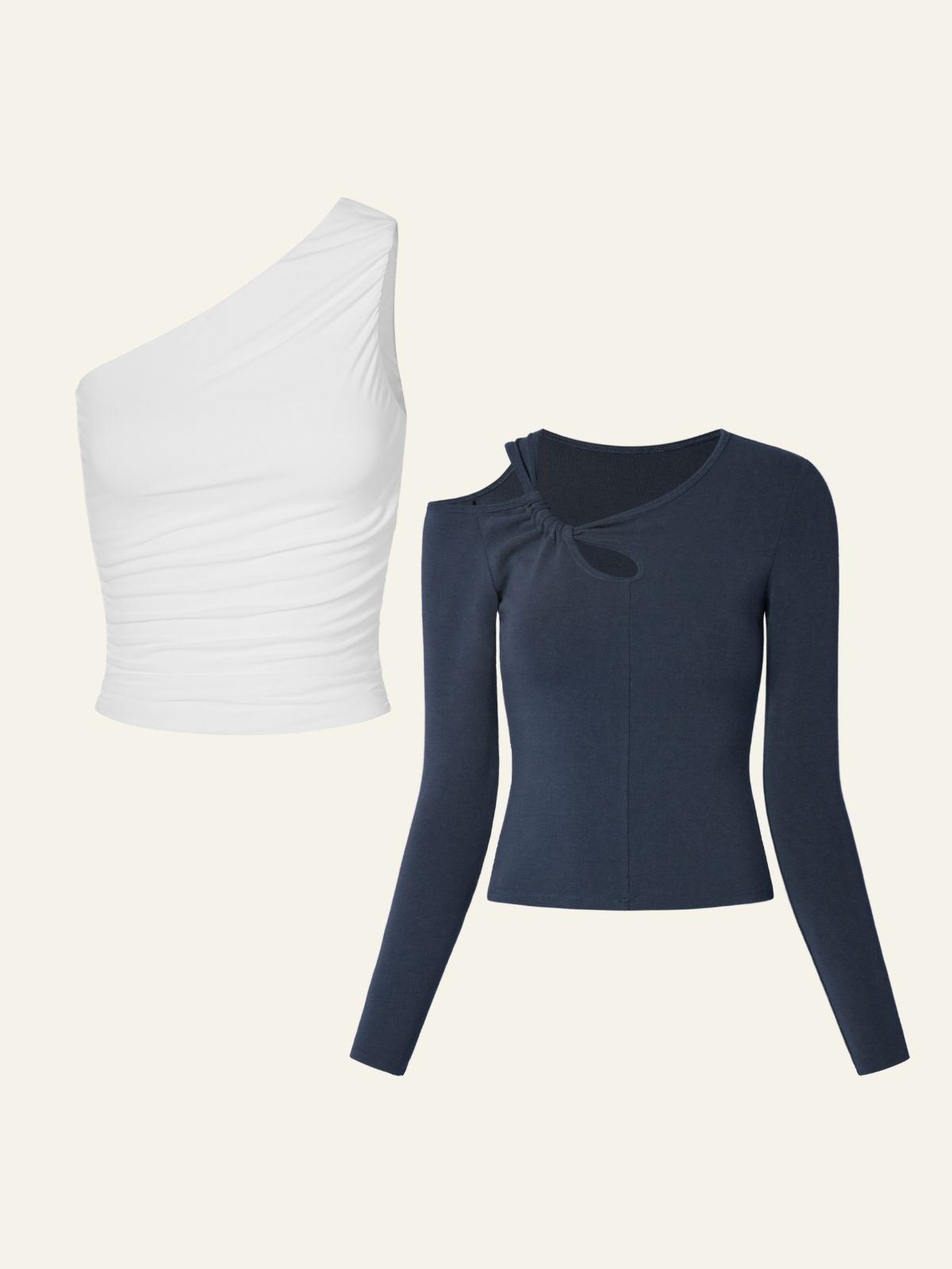 Eco-SkinKiss® Contour Ruched One Shoulder Tank & Eco-Mousse® Asymmetrical Cutout Long Sleeve Top 2Pcs Set sold by ogl move product image thumbnail 4