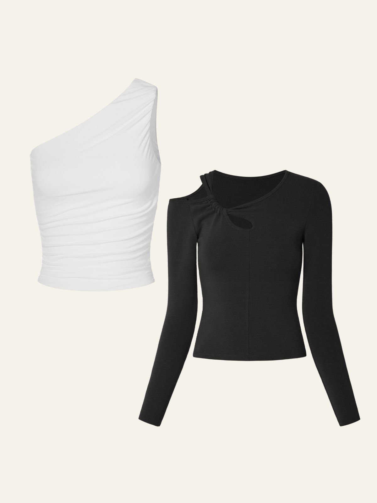 Eco-SkinKiss® Contour Ruched One Shoulder Tank & Eco-Mousse® Asymmetrical Cutout Long Sleeve Top 2Pcs Set sold by ogl move