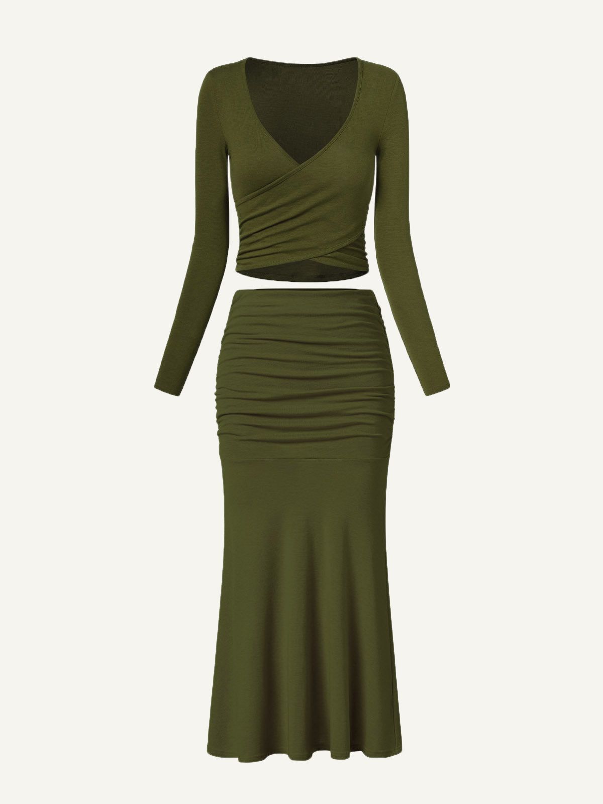 Tencel Wool Surplice Long Sleeve Top & Mid-Waist Ruches Midi Skirt 2Pcs Set sold by ogl move product image thumbnail 10