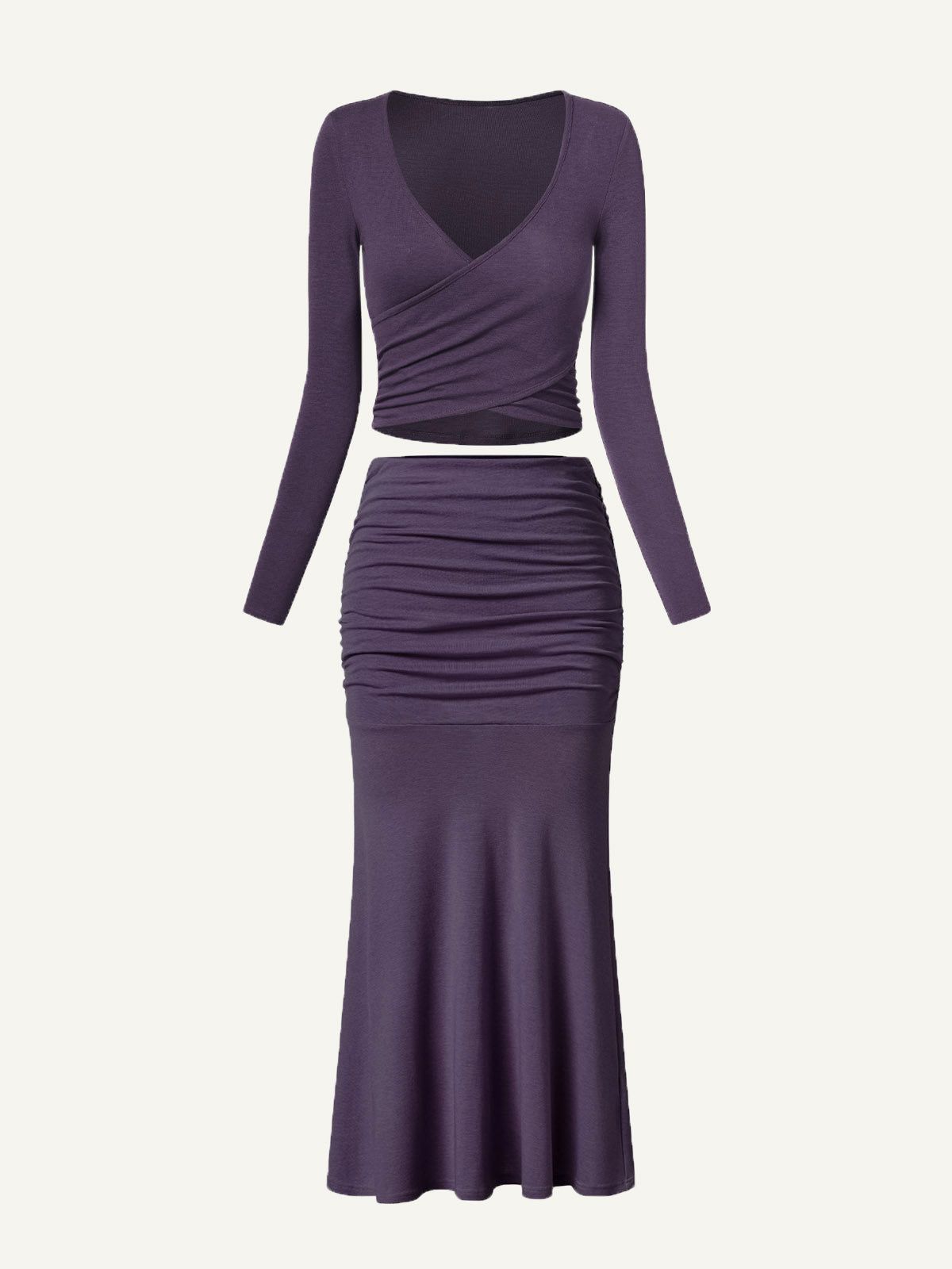 Tencel Wool Surplice Long Sleeve Top & Mid-Waist Ruches Midi Skirt 2Pcs Set sold by ogl move product image thumbnail 8