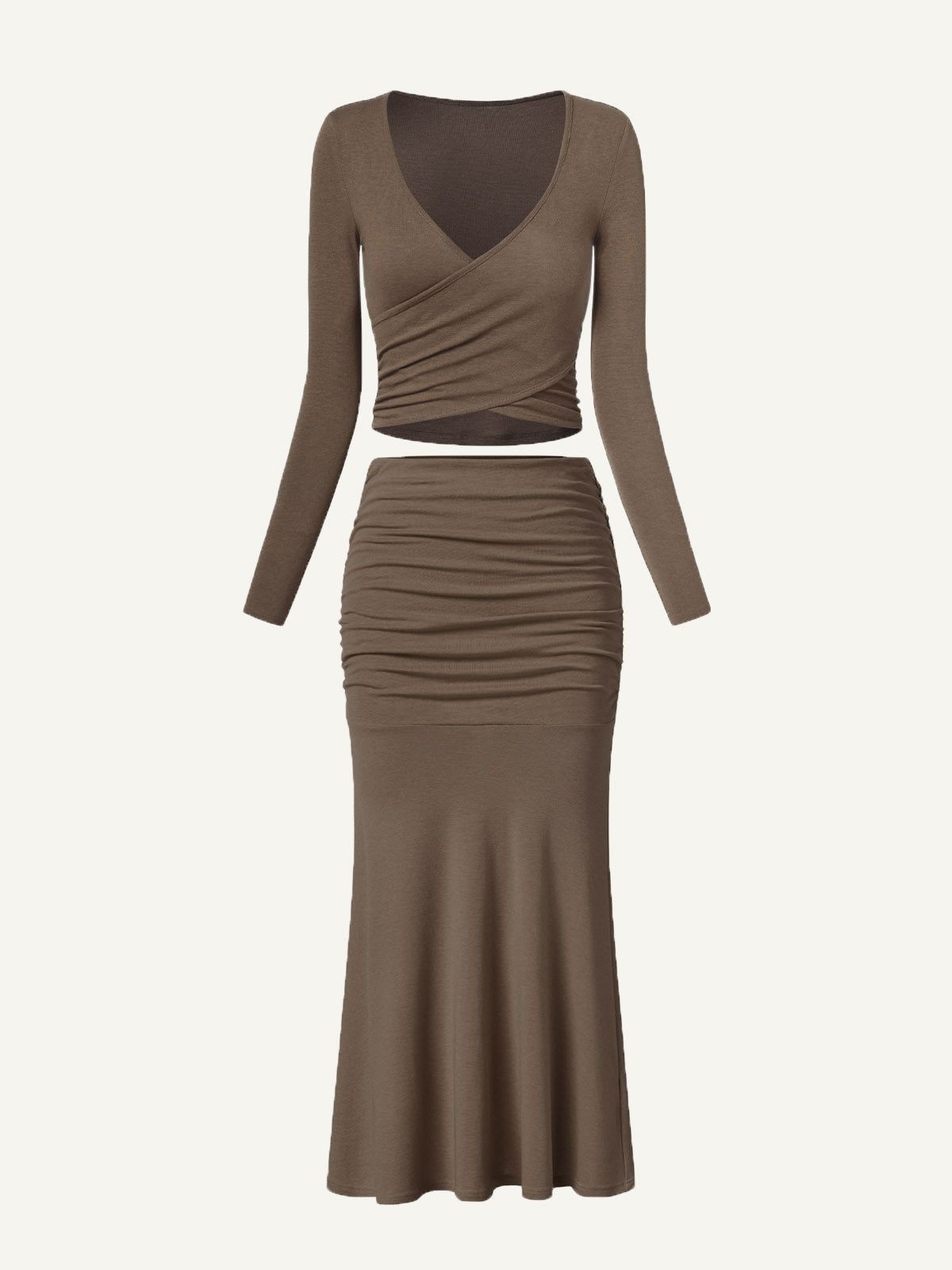 Tencel Wool Surplice Long Sleeve Top & Mid-Waist Ruches Midi Skirt 2Pcs Set sold by ogl move product image thumbnail 11