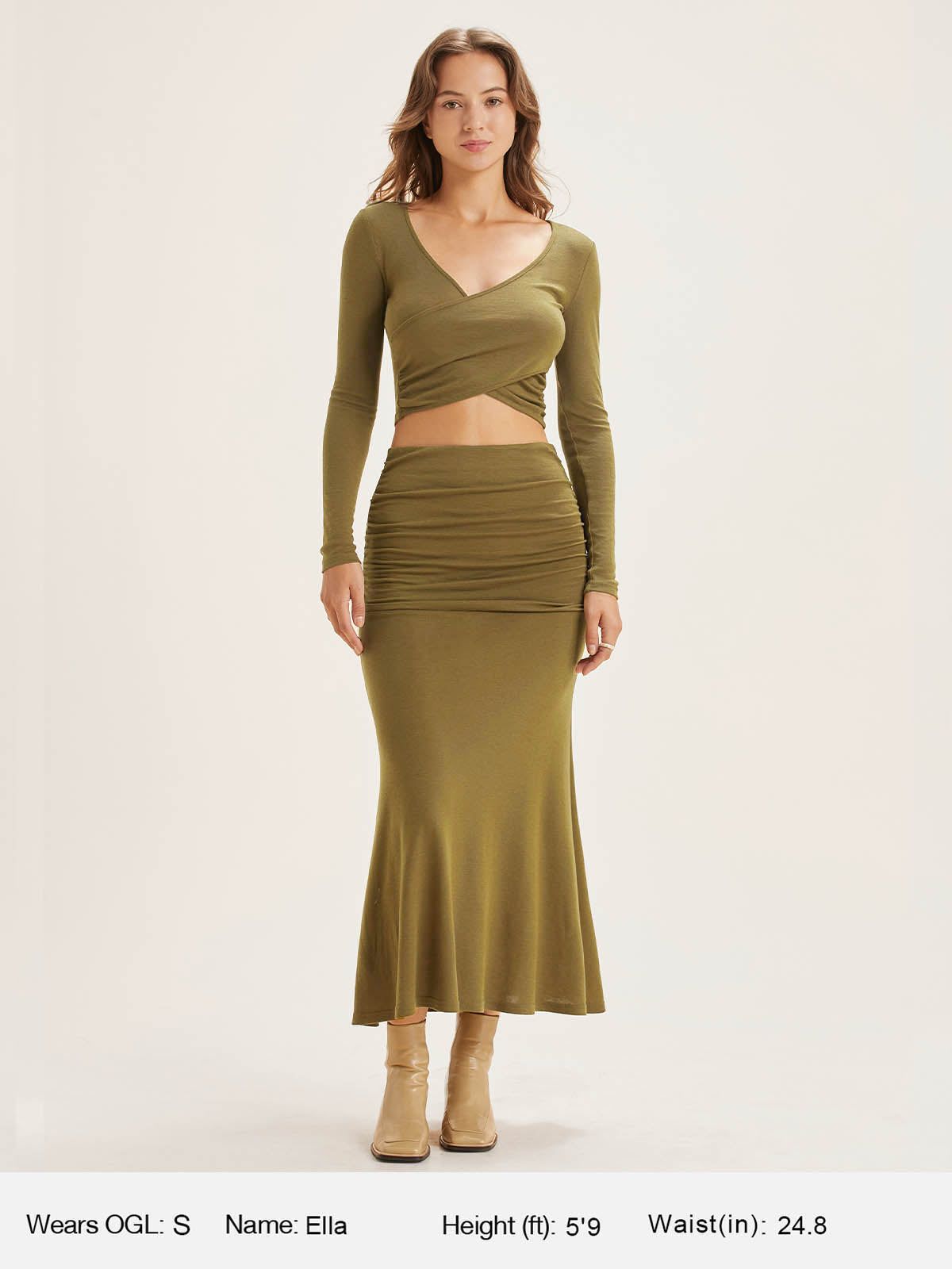 Tencel Wool Surplice Long Sleeve Top & Mid-Waist Ruches Midi Skirt 2Pcs Set sold by ogl move product image thumbnail 3