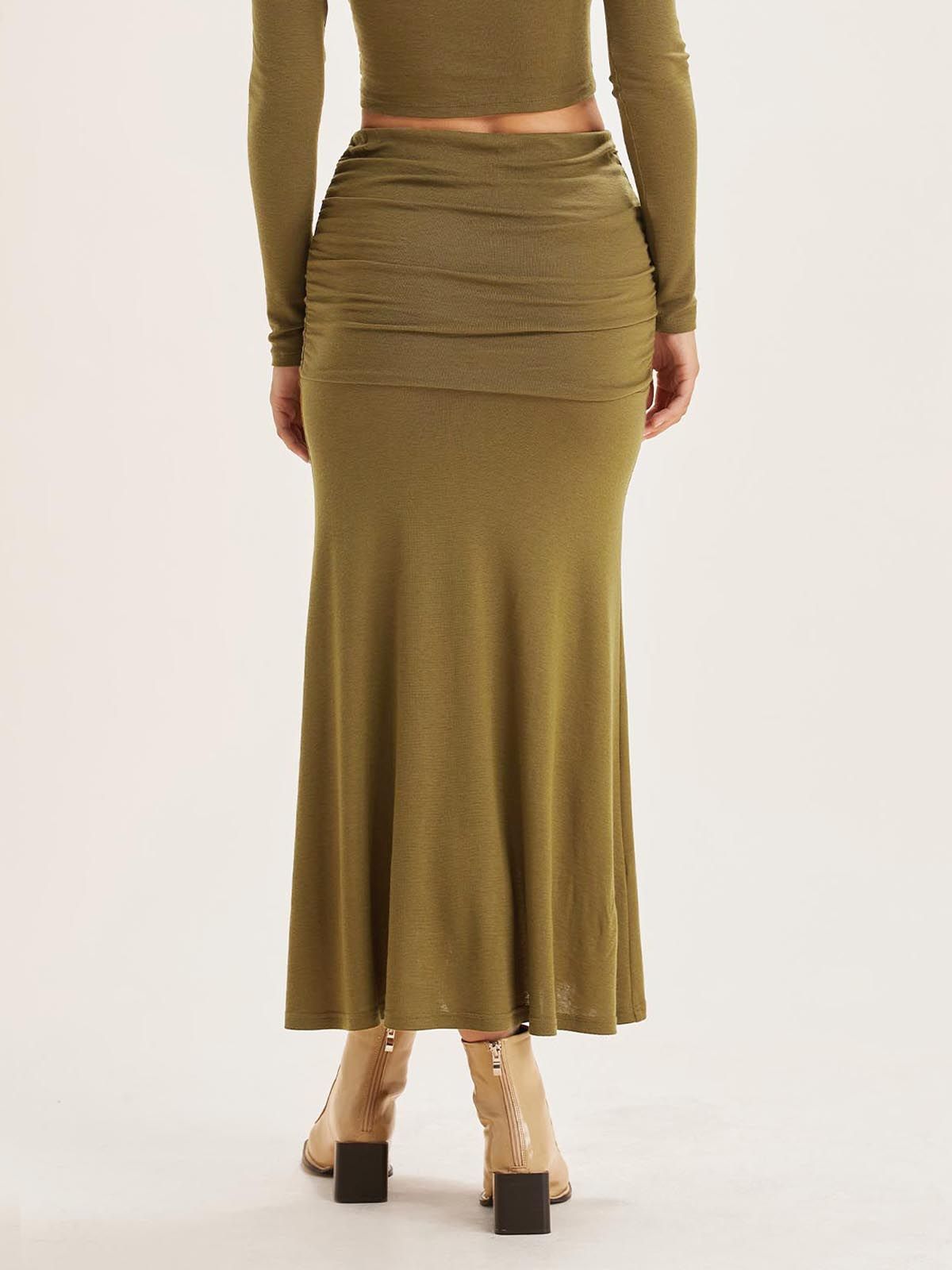 Tencel Wool Surplice Long Sleeve Top & Mid-Waist Ruches Midi Skirt 2Pcs Set sold by ogl move product image thumbnail 4