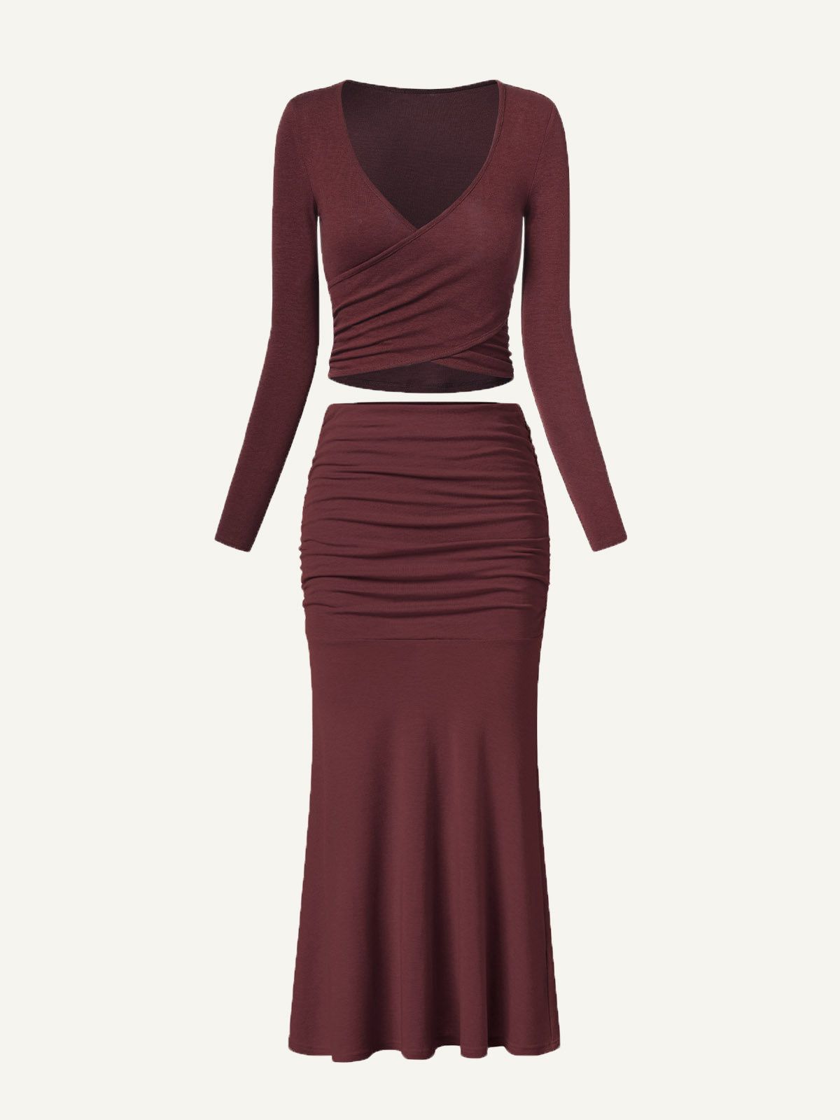 Tencel Wool Surplice Long Sleeve Top & Mid-Waist Ruches Midi Skirt 2Pcs Set sold by ogl move product image thumbnail 7