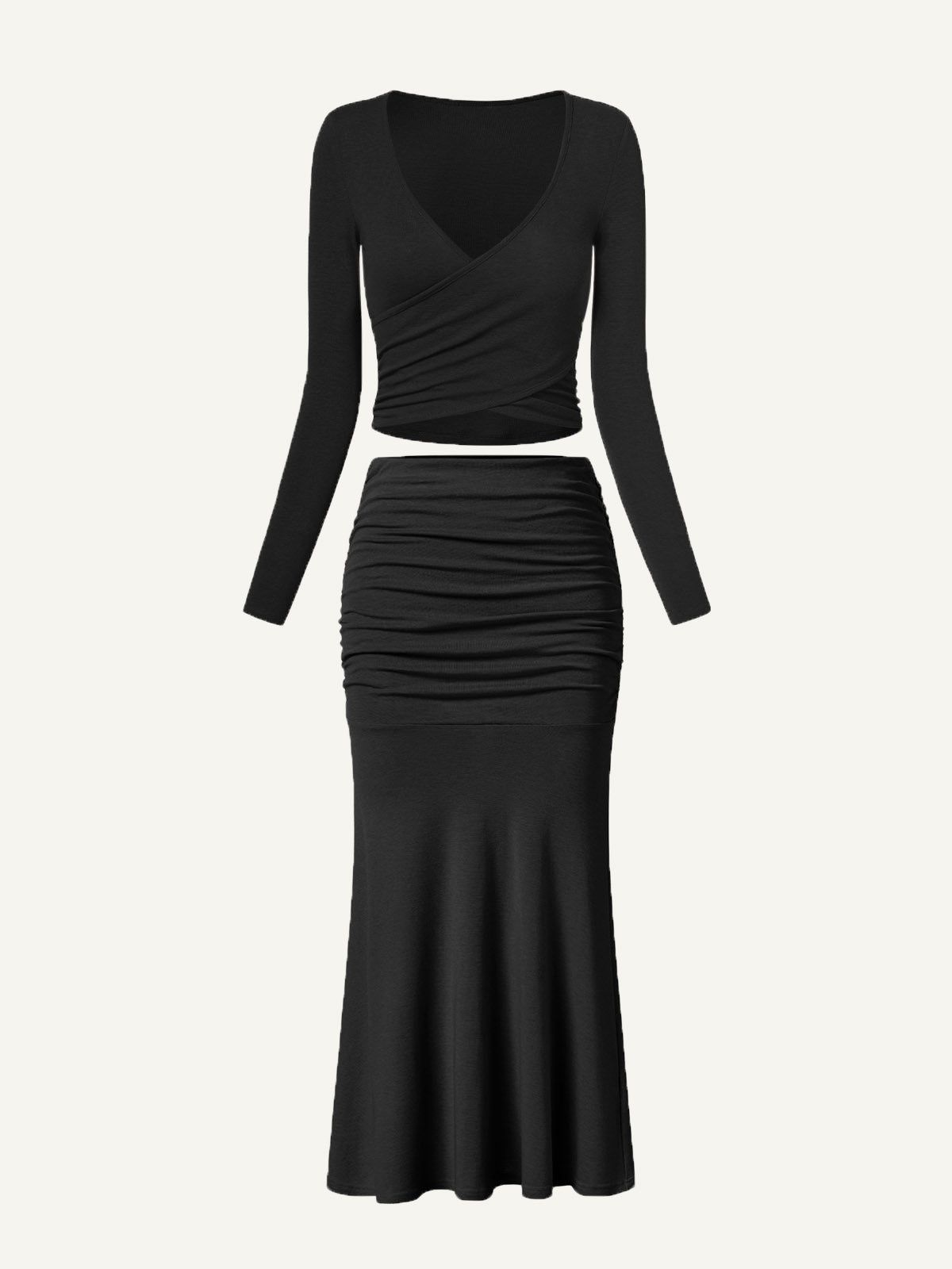 Tencel Wool Surplice Long Sleeve Top & Mid-Waist Ruches Midi Skirt 2Pcs Set sold by ogl move product image thumbnail 9