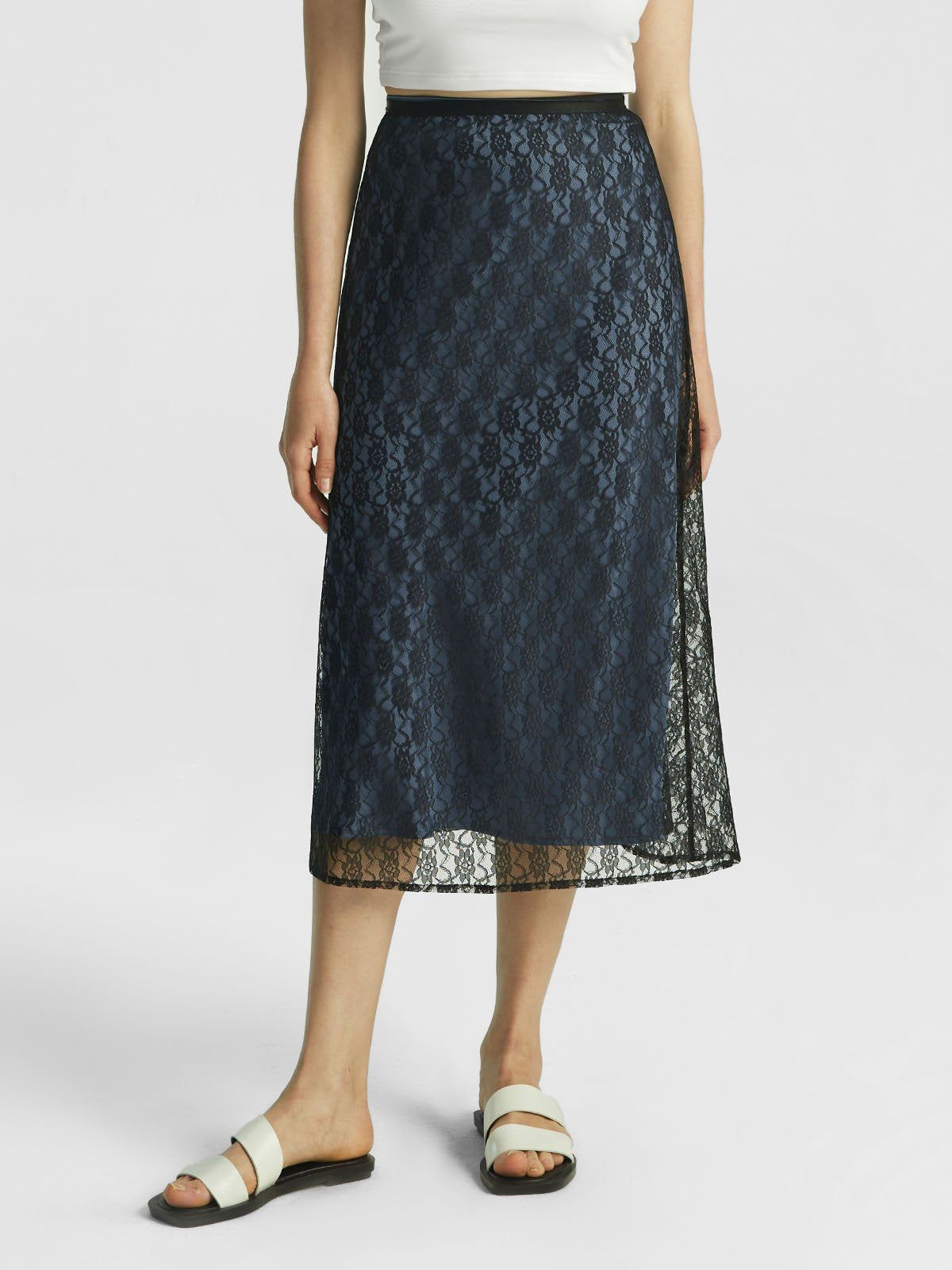 Silk-Like 2-In-1 Lacey Satin Midi Skirt sold by ogl move