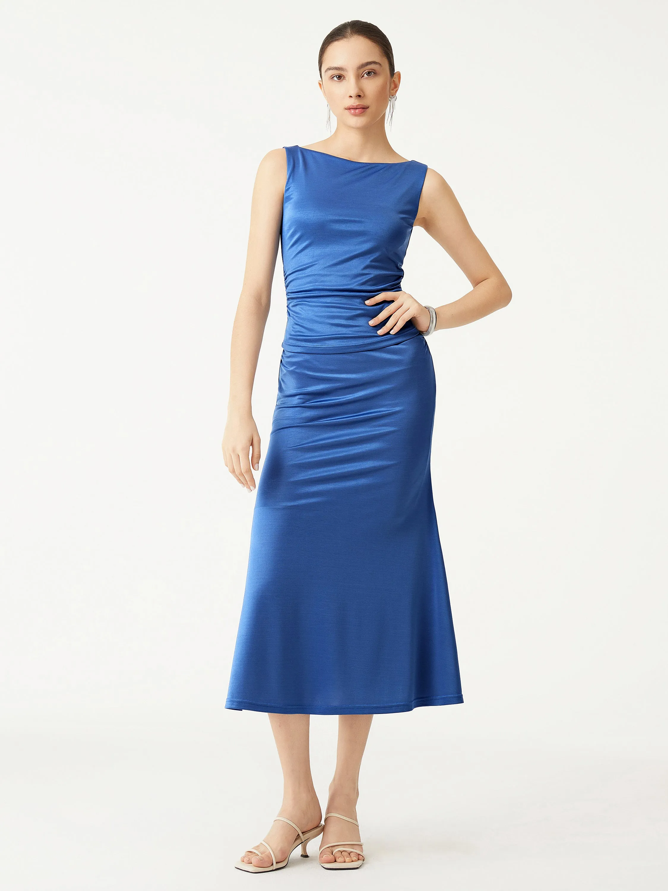 Silk-Like Ruched Sides Boatneck Tank sold by ogl move product image thumbnail 3