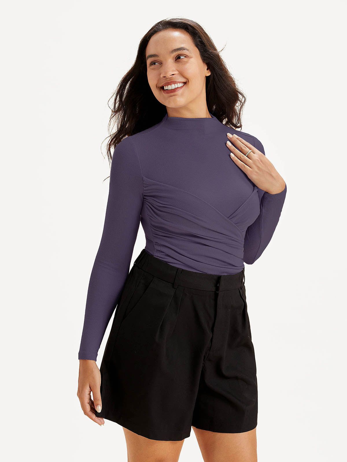 Merino Wool Blend Rib Ruched Surplice Mockneck Top sold by ogl move