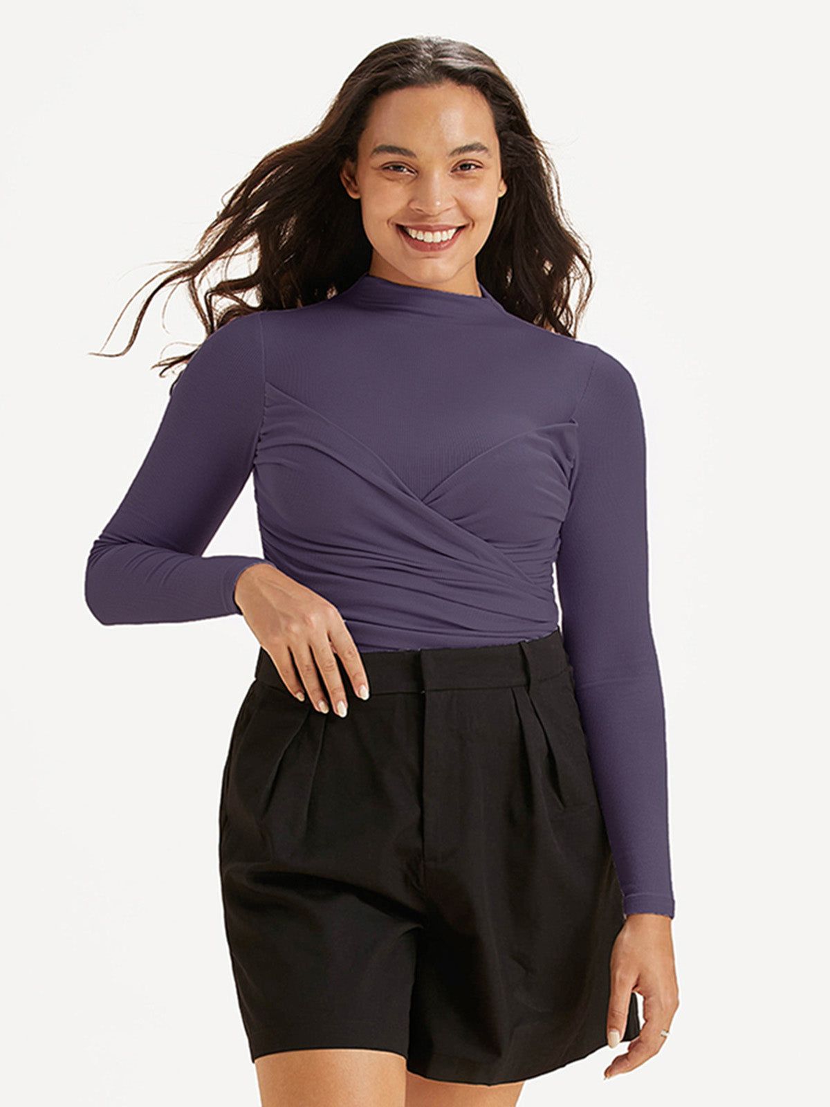 Merino Wool Blend Rib Ruched Surplice Mockneck Top sold by ogl move product image thumbnail 5