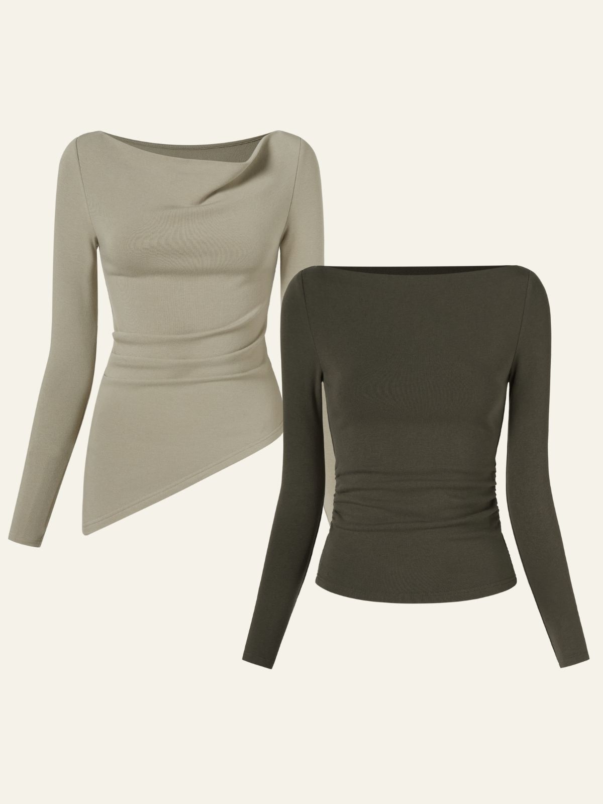 Eco-Mousse Cowl Neck Side Ruched Asymmetrical Top & Modern Side Ruched Boatneck Brami Top 2Pcs Set sold by ogl move product image thumbnail 4
