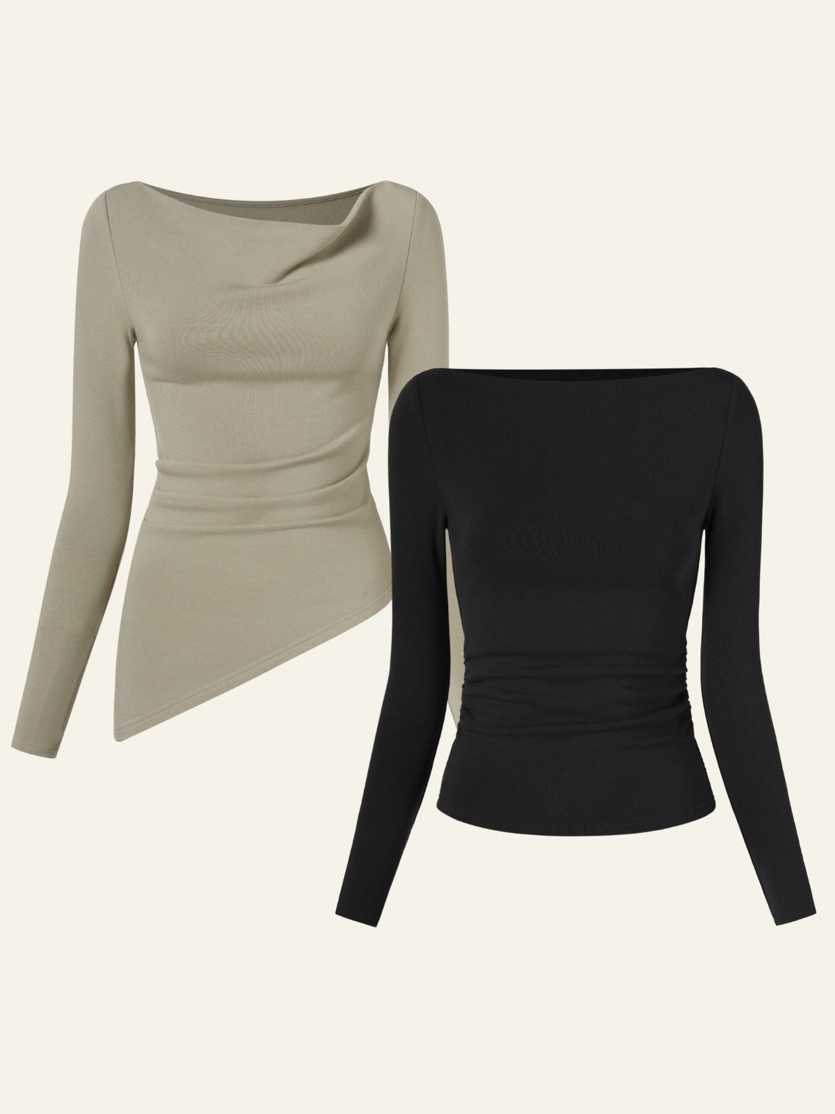 Eco-Mousse Cowl Neck Side Ruched Asymmetrical Top & Modern Side Ruched Boatneck Brami Top 2Pcs Set sold by ogl move