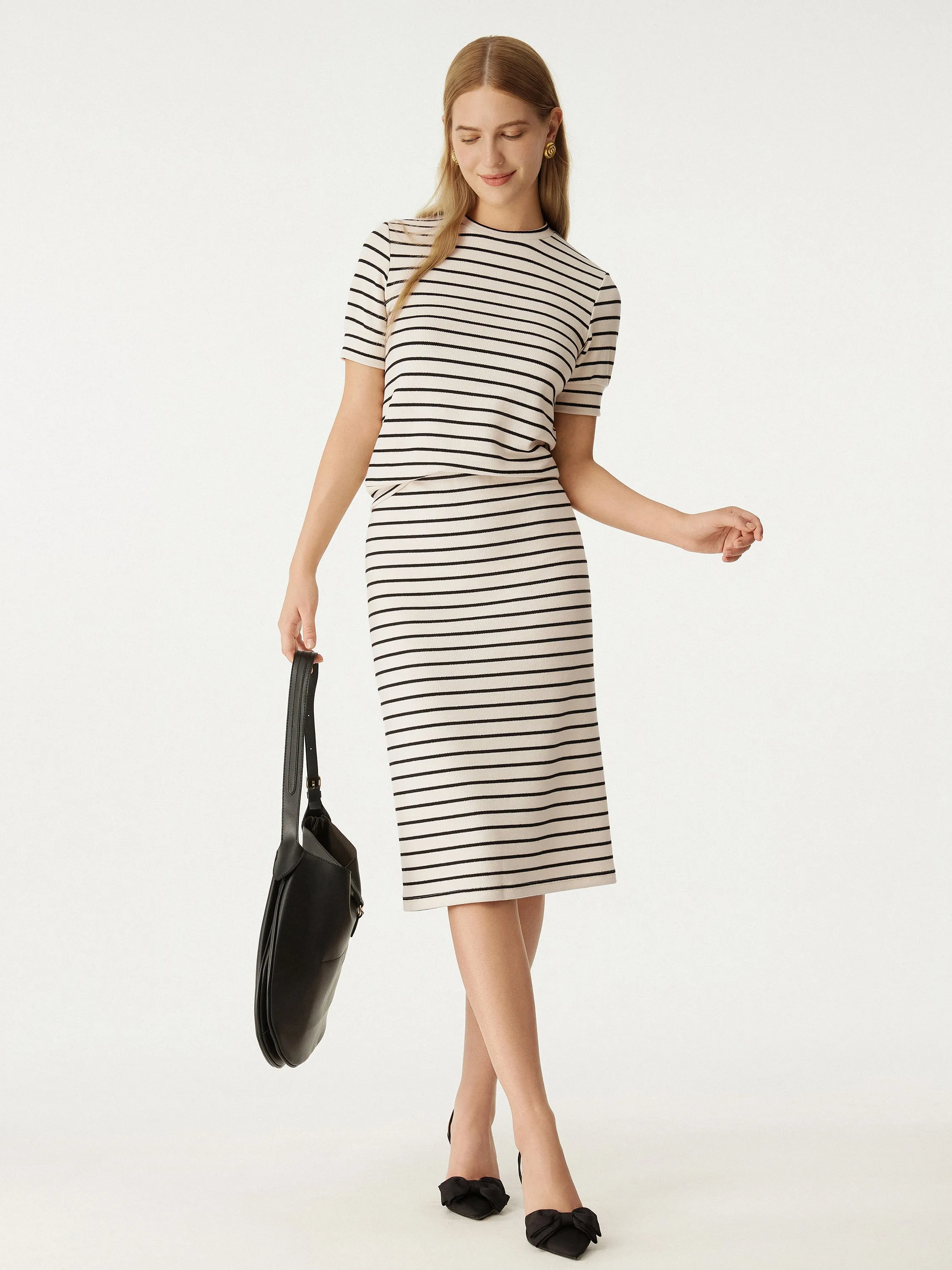 Stripy Knit Crewneck Poll-Over Top & Pull-On Midi Skirt 2Pcs Set sold by ogl move