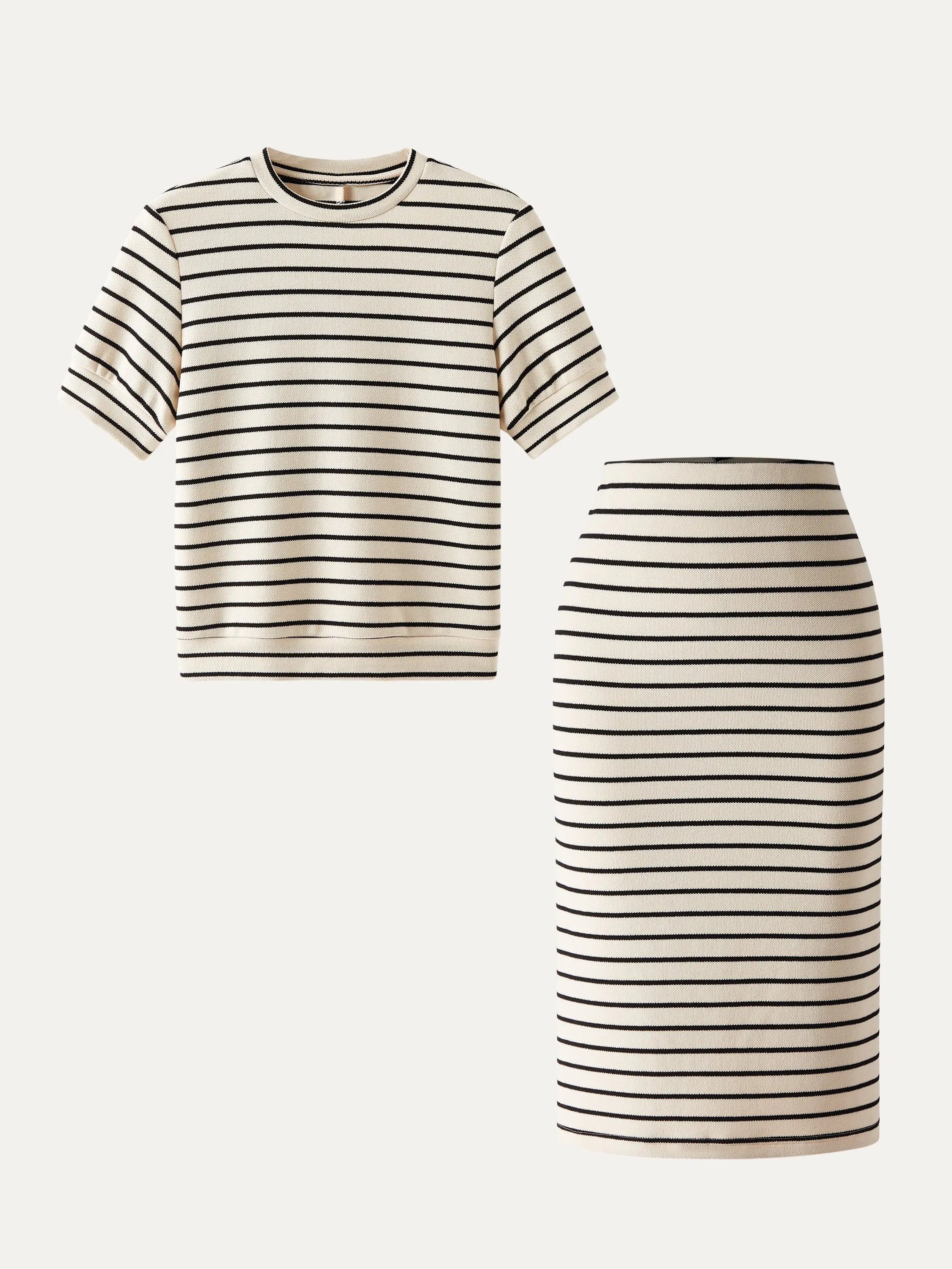 Stripy Knit Crewneck Poll-Over Top & Pull-On Midi Skirt 2Pcs Set sold by ogl move product image thumbnail 2