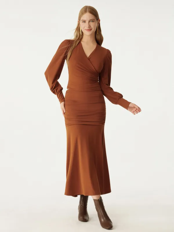 Tencel Surplice Puff Sleeves Top & Ruched Flare Skirt 2Pcs Set sold by ogl move