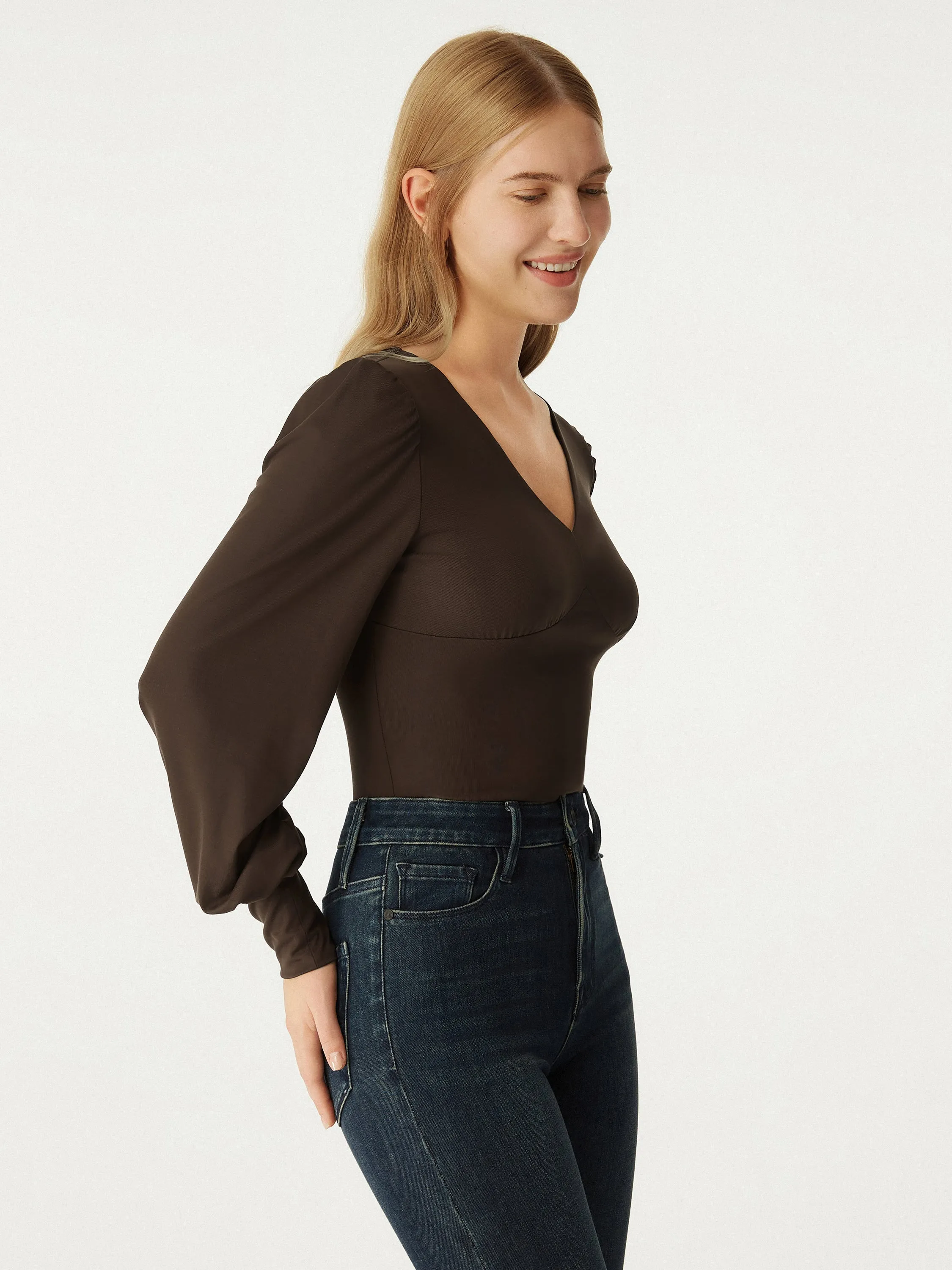 Tencel V-Neck Puff Sleeves Top sold by ogl move