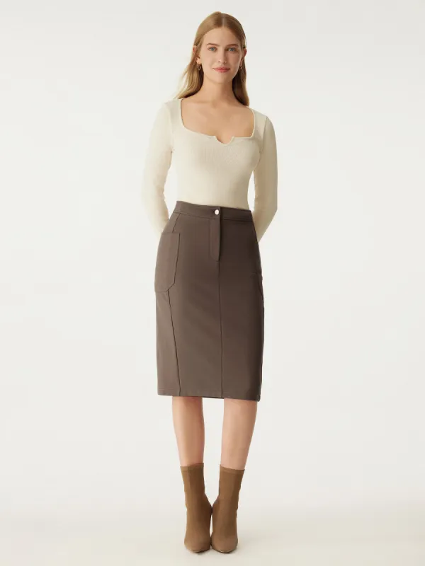 High Waisted Button Zipper Denim Midi Pencil Skirt sold by ogl move