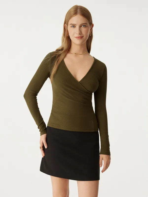 V Neck Long Sleeve Plicated Casual Top made by OGLmove