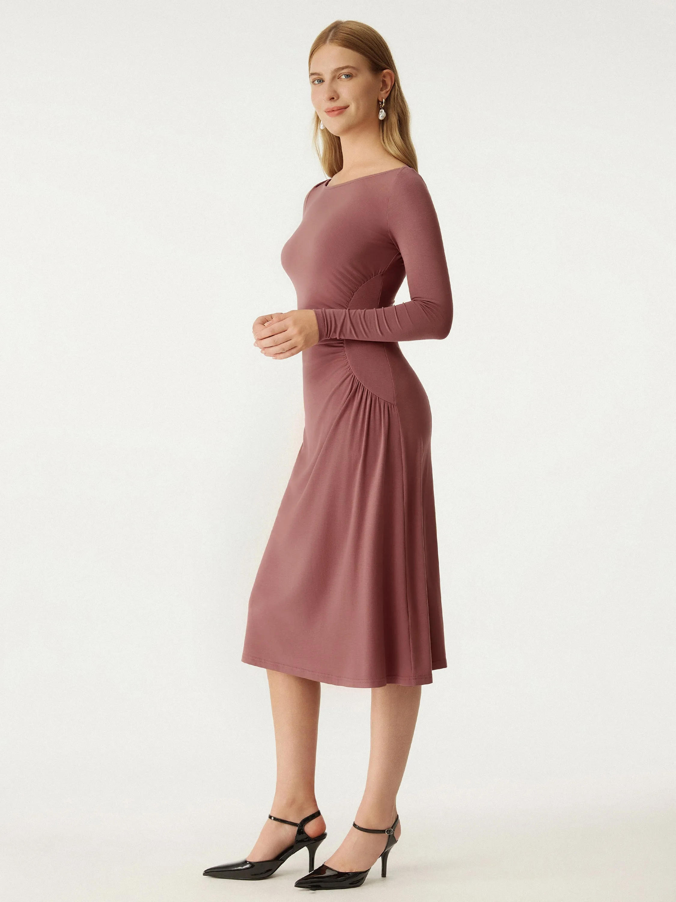 Boat Neck Ruched Midi Dress sold by ogl move product image thumbnail 5