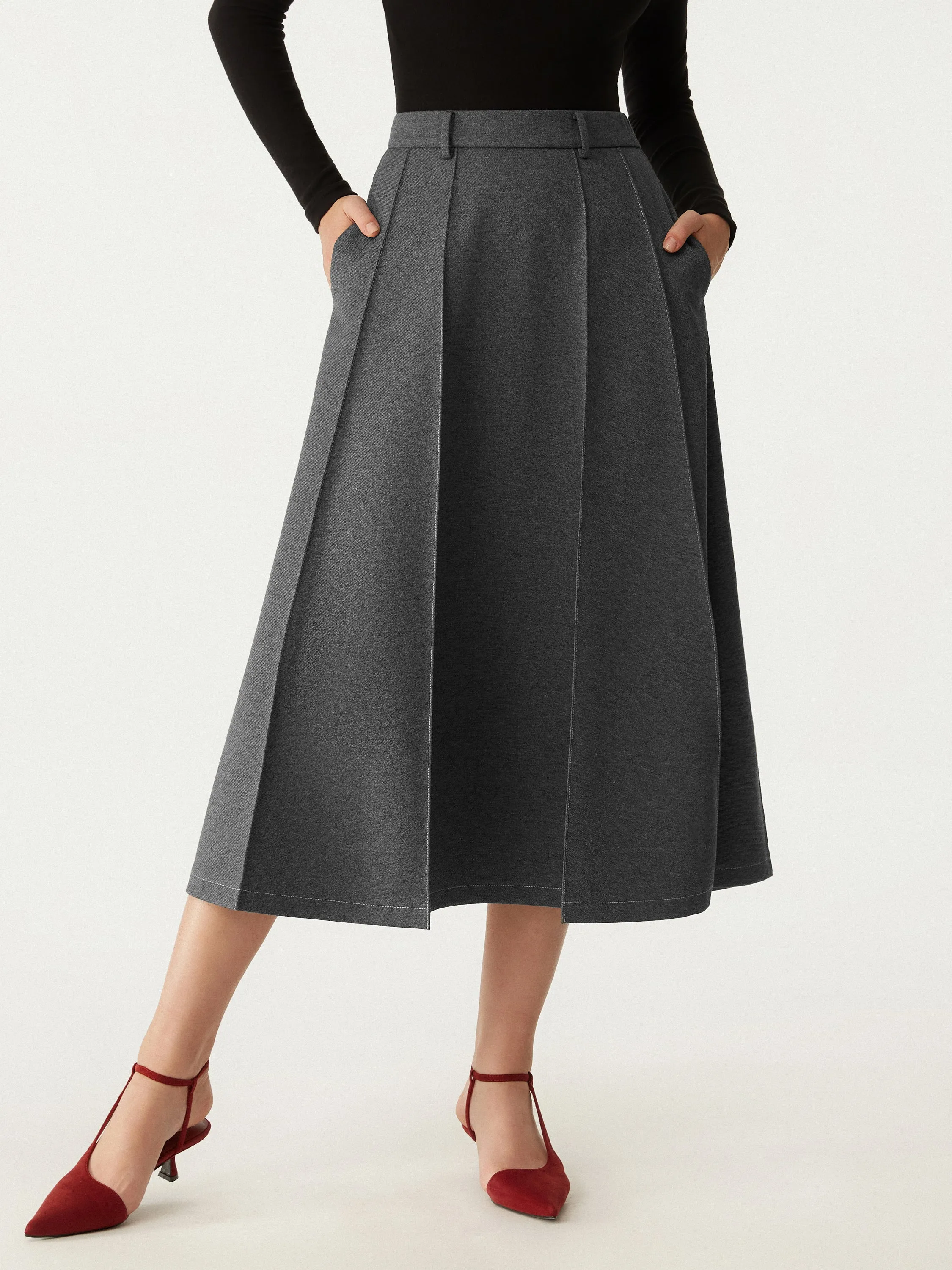 High Waisted Paneled Flare Hem Midi Skirt sold by ogl move product image thumbnail 2