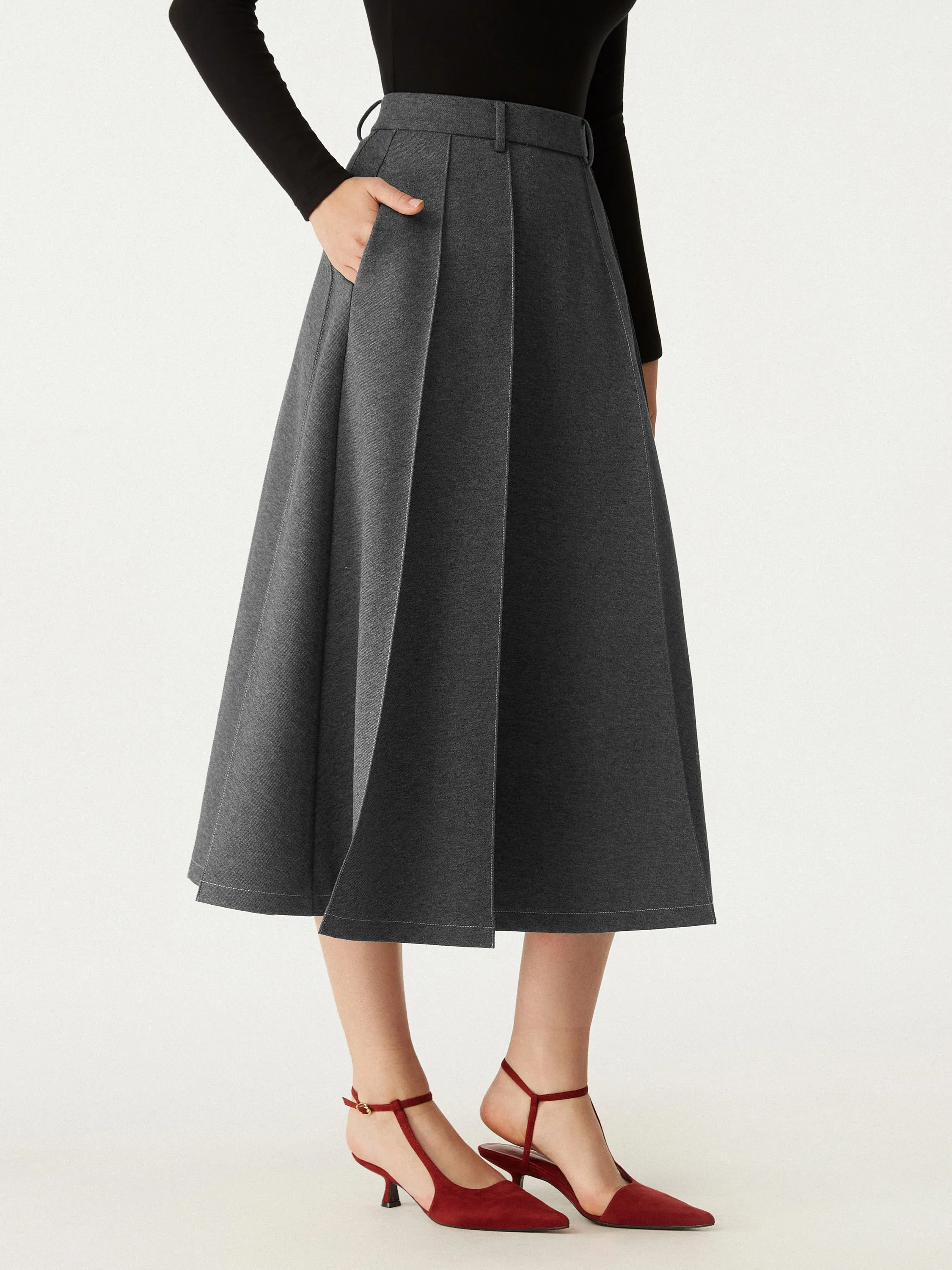 High Waisted Paneled Flare Hem Midi Skirt sold by ogl move product image thumbnail 5
