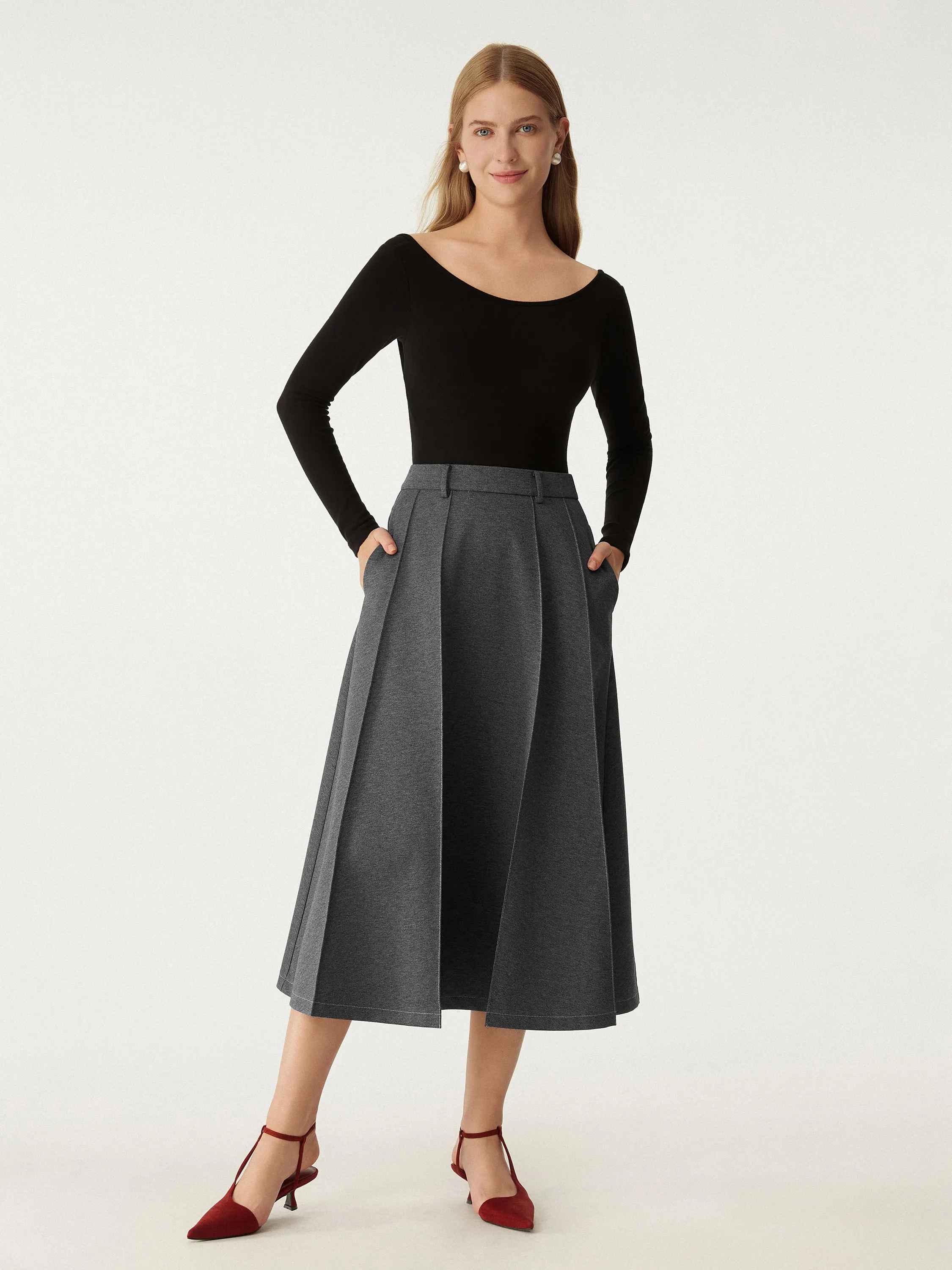 High Waisted Paneled Flare Hem Midi Skirt sold by ogl move