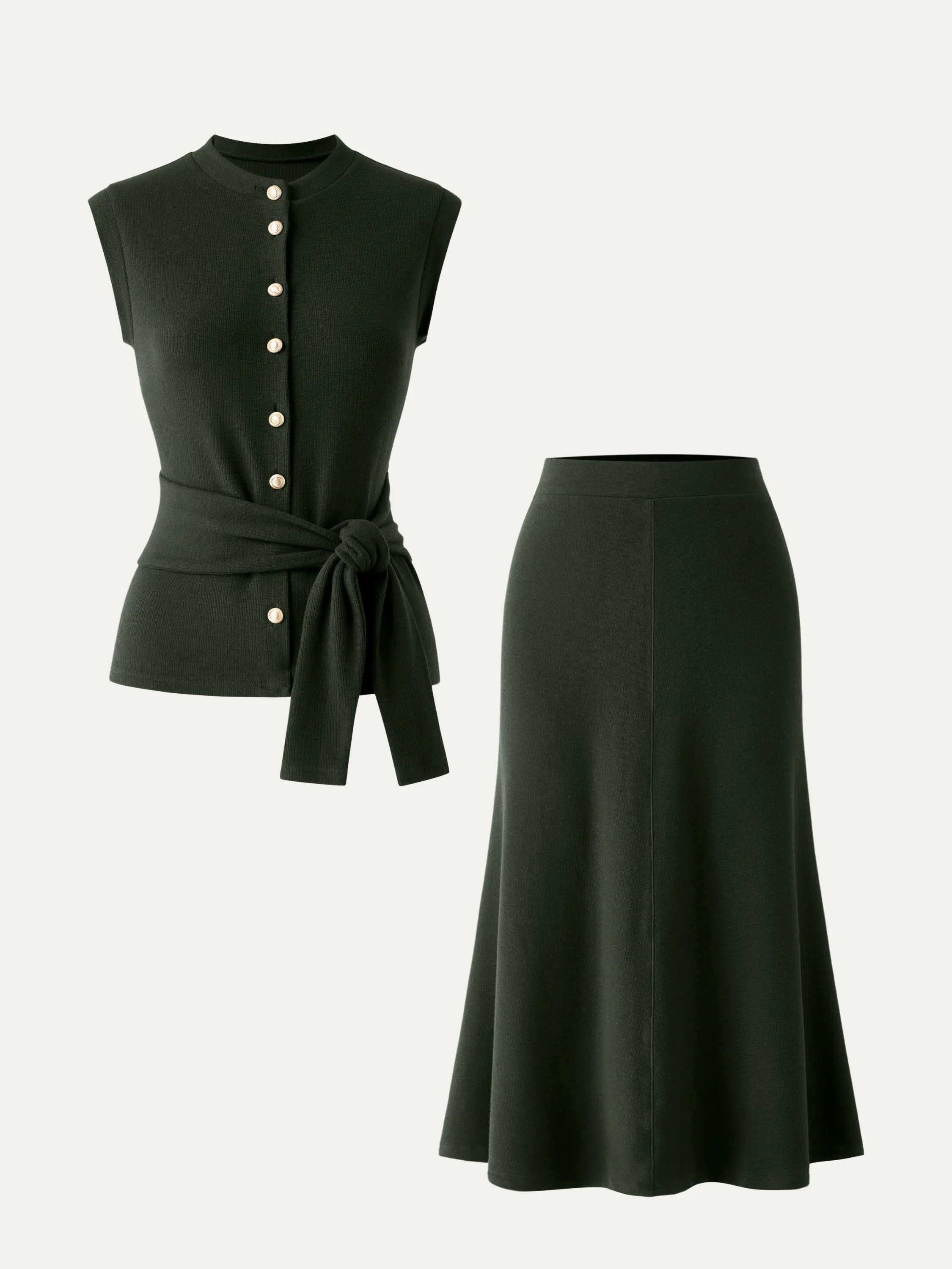 2Pcs Set Button-Down Self-Tie Tank & A-Line Midi Skirt sold by ogl move product image thumbnail 2