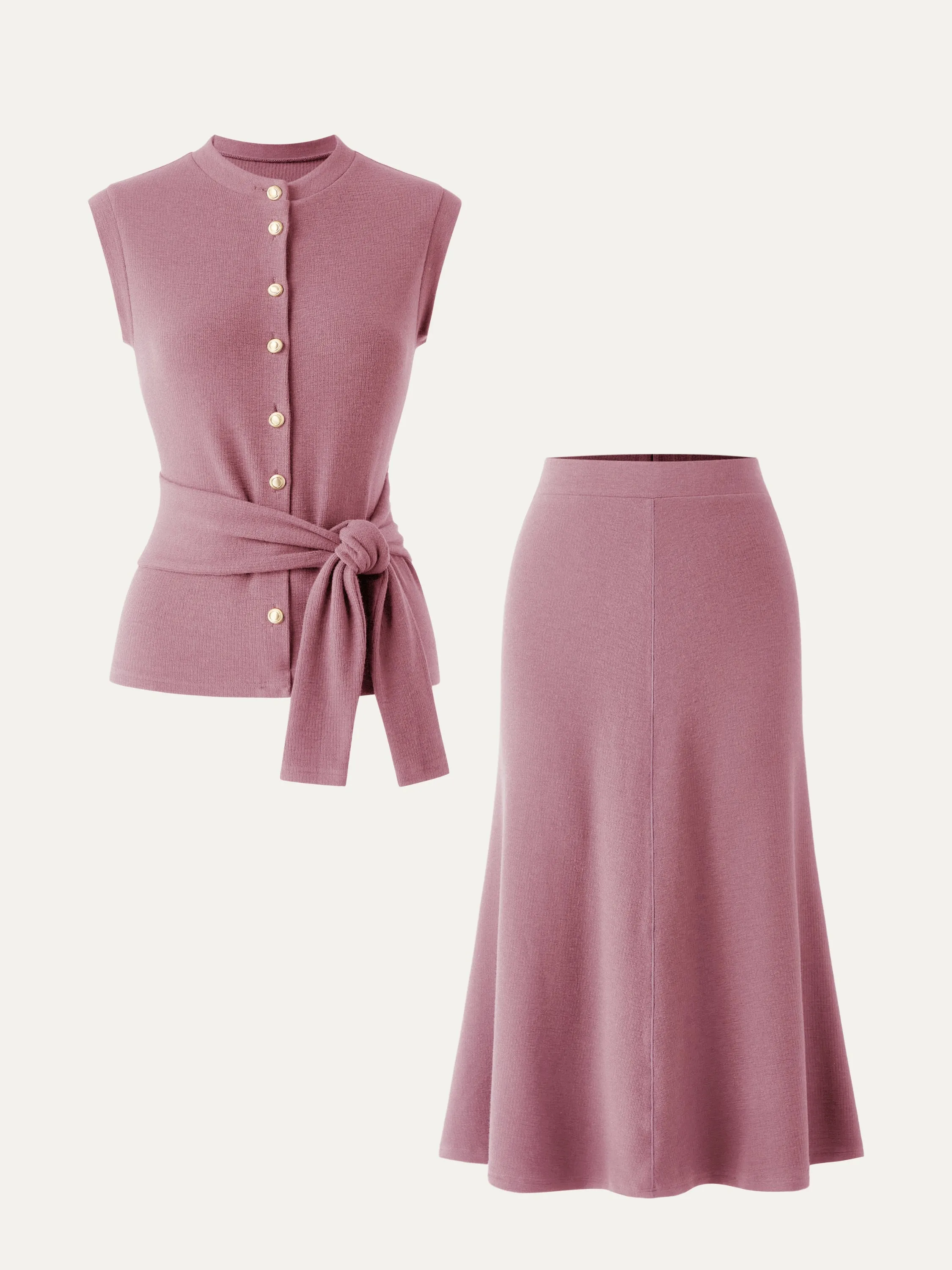 2Pcs Set Button-Down Self-Tie Tank & A-Line Midi Skirt sold by ogl move product image thumbnail 5