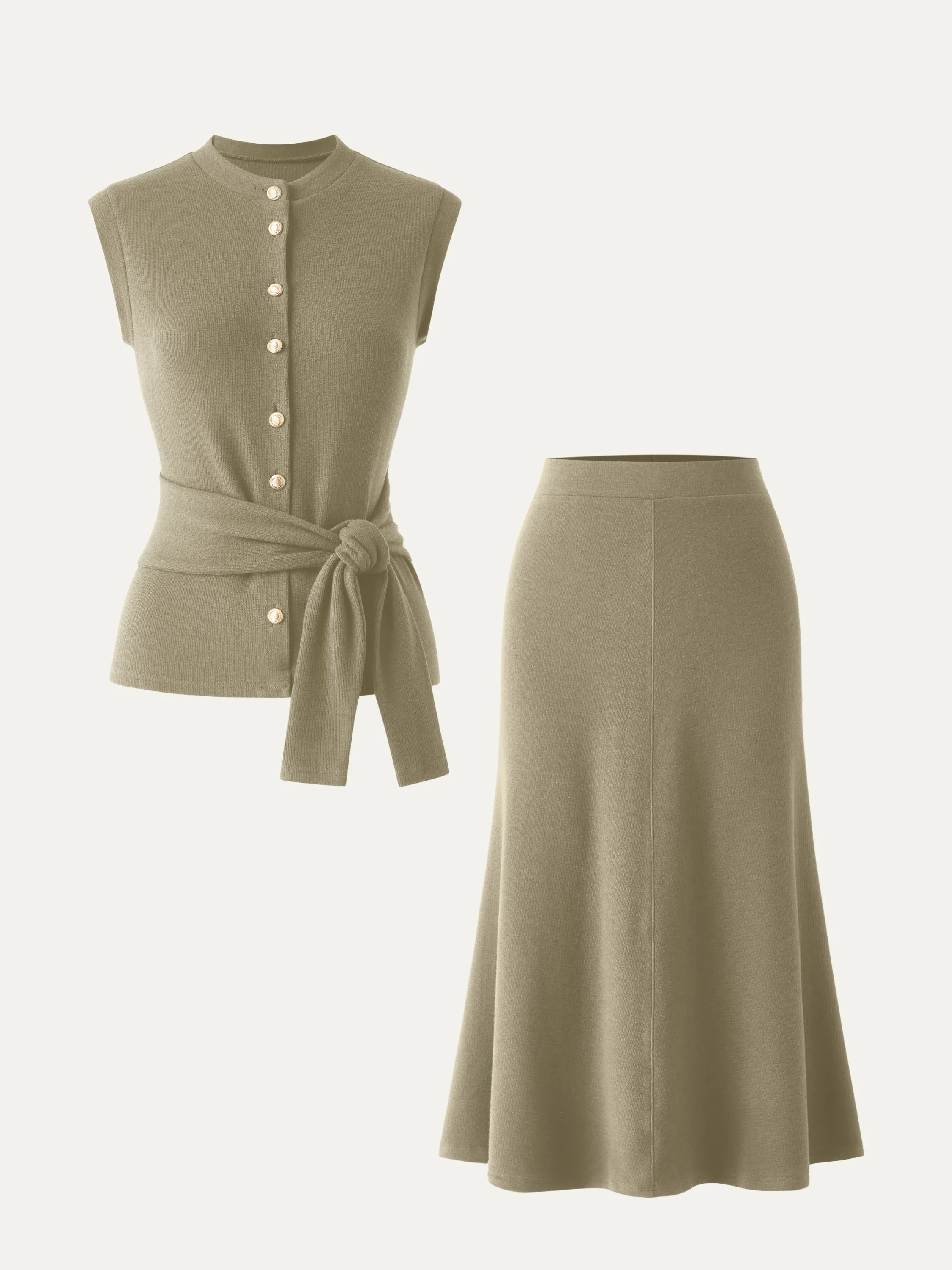 2Pcs Set Button-Down Self-Tie Tank & A-Line Midi Skirt sold by ogl move product image thumbnail 3