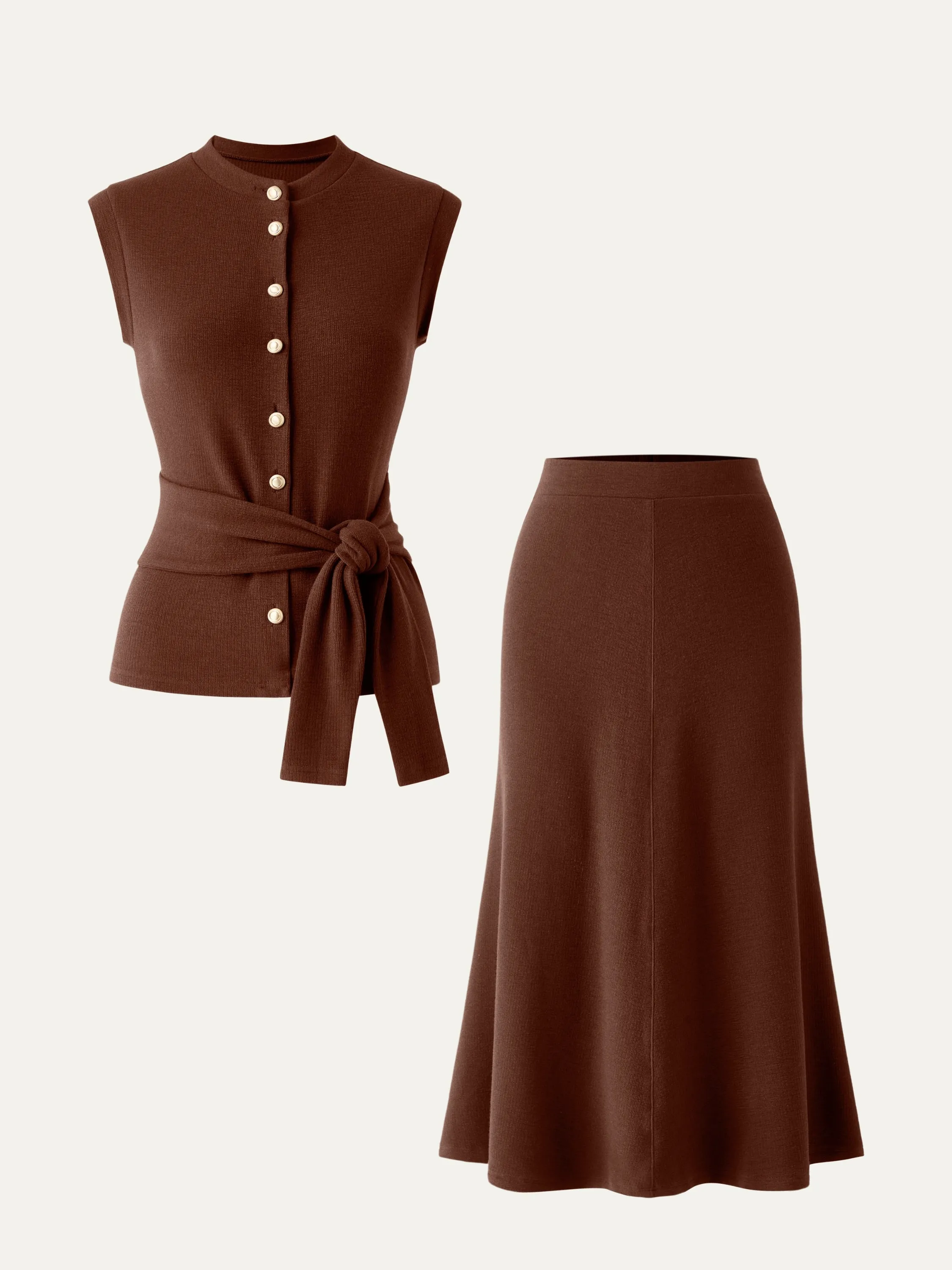 2Pcs Set Button-Down Self-Tie Tank & A-Line Midi Skirt sold by ogl move product image thumbnail 4
