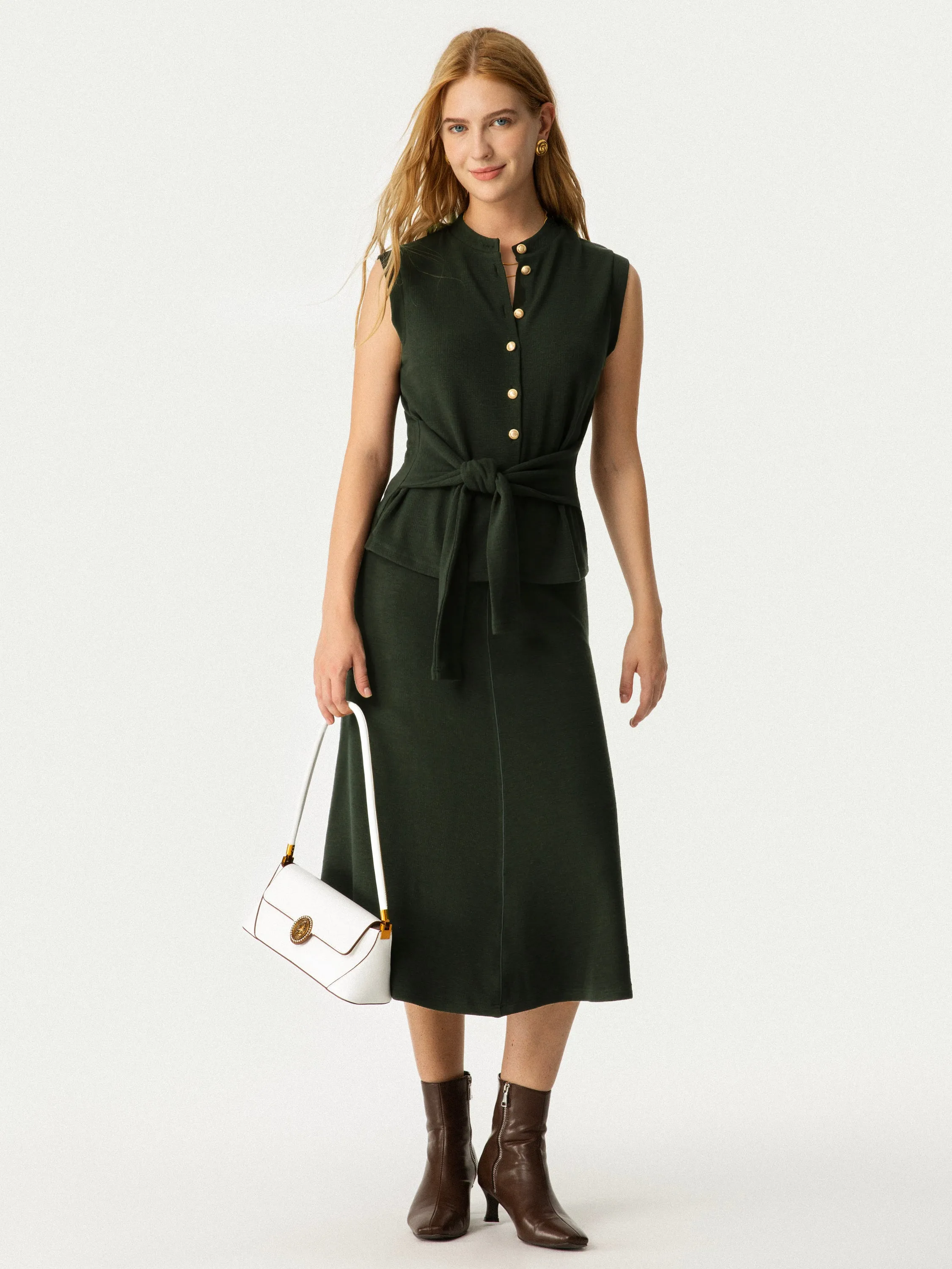 2Pcs Set Button-Down Self-Tie Tank & A-Line Midi Skirt sold by ogl move