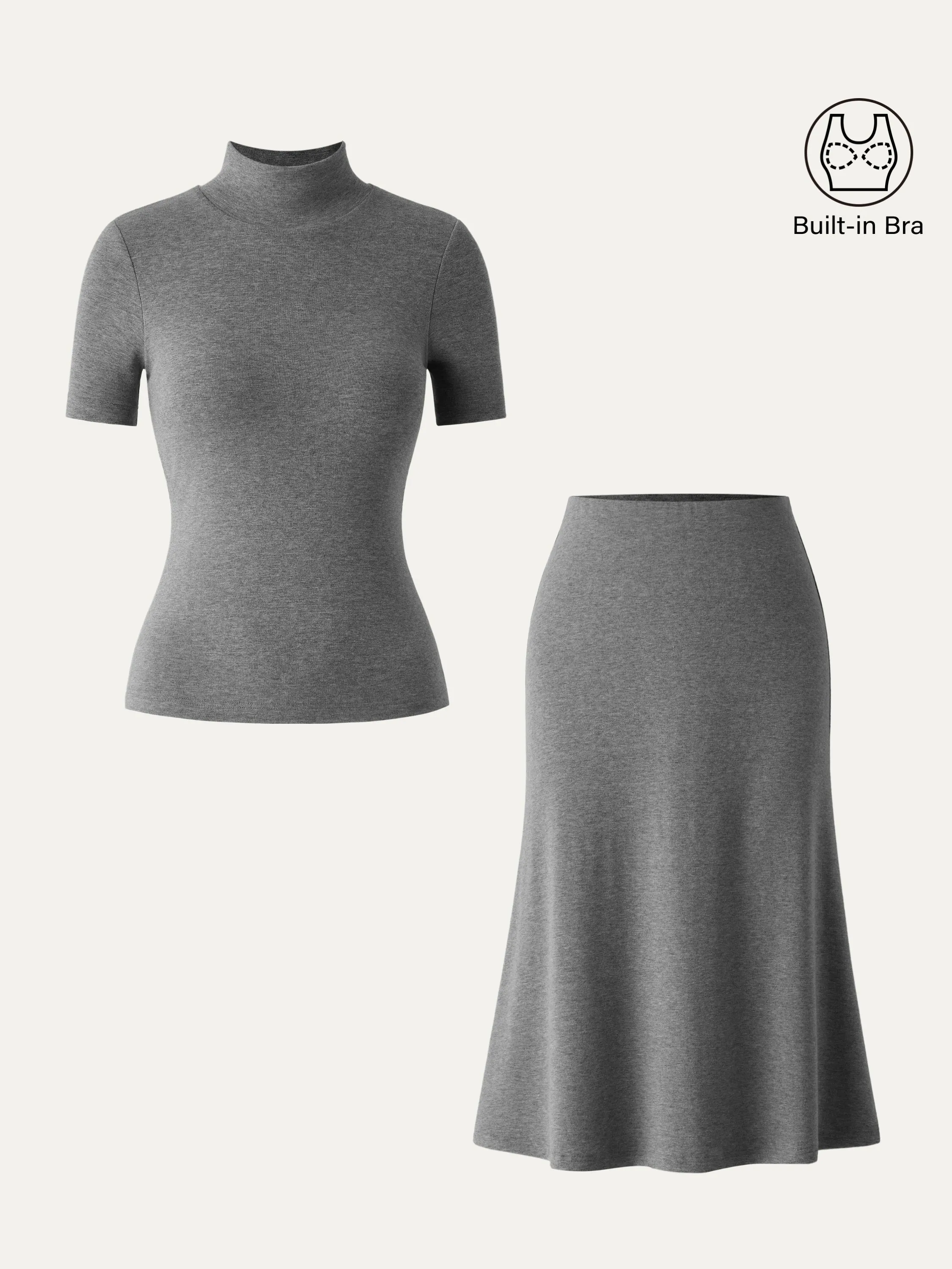 2Pcs Set Mockneck Short Sleeve Brami Top & Pull-On Midi Skirt sold by ogl move product image thumbnail 2