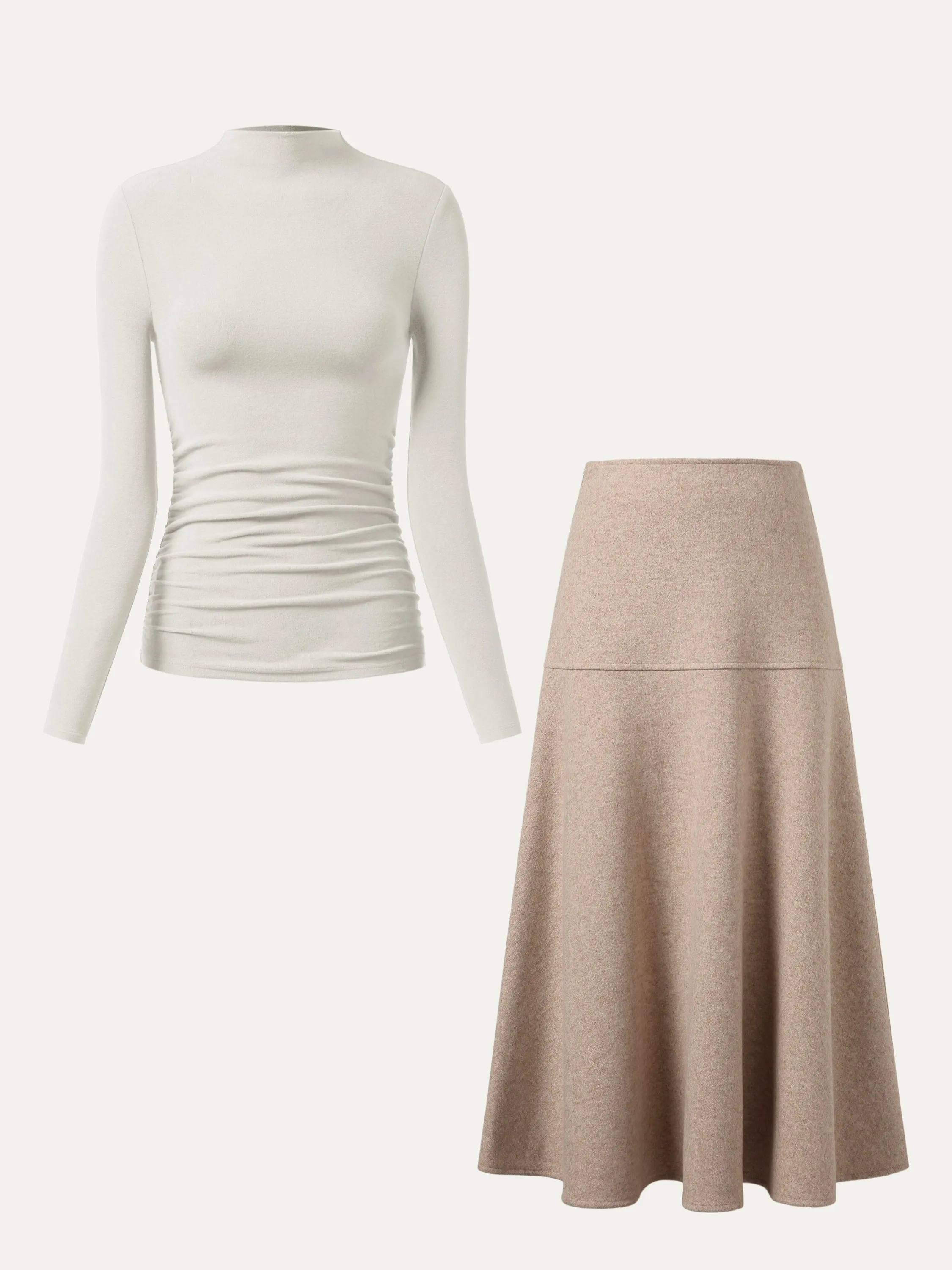 2Pcs Set Ruched Sides Tuckable Mockneck Top & Flared Maxi Skirt sold by OGLmove product image thumbnail 2