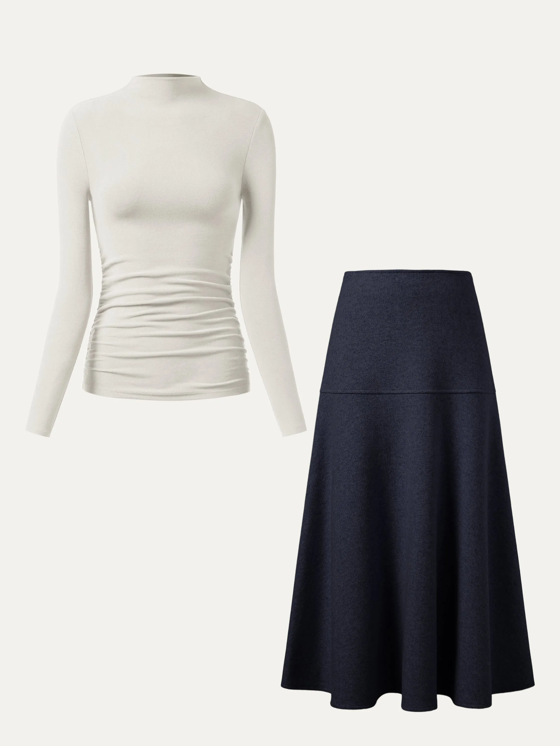 2Pcs Set Ruched Sides Tuckable Mockneck Top & Flared Maxi Skirt sold by OGLmove product image thumbnail 4