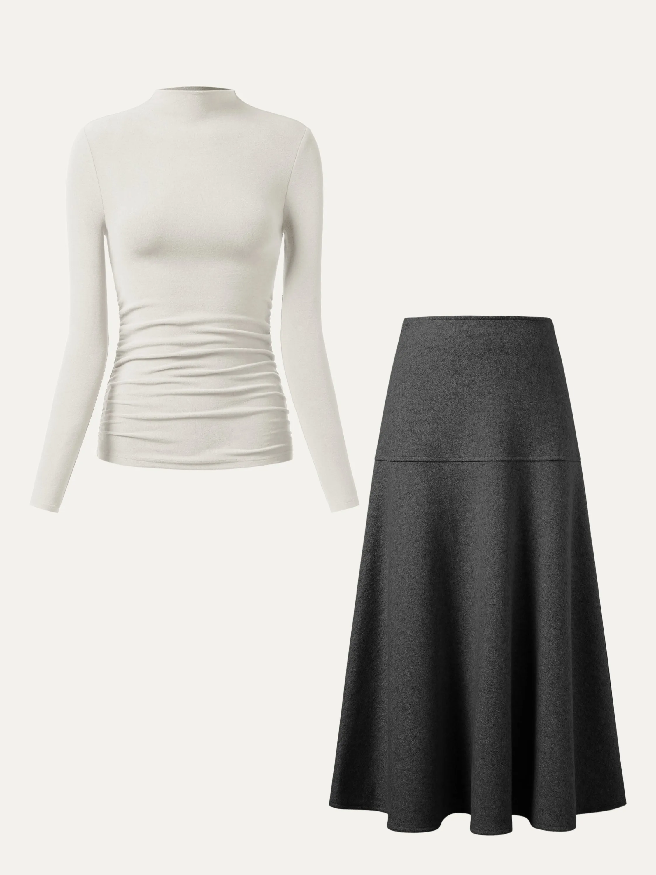 2Pcs Set Ruched Sides Tuckable Mockneck Top & Flared Maxi Skirt sold by OGLmove product image thumbnail 3