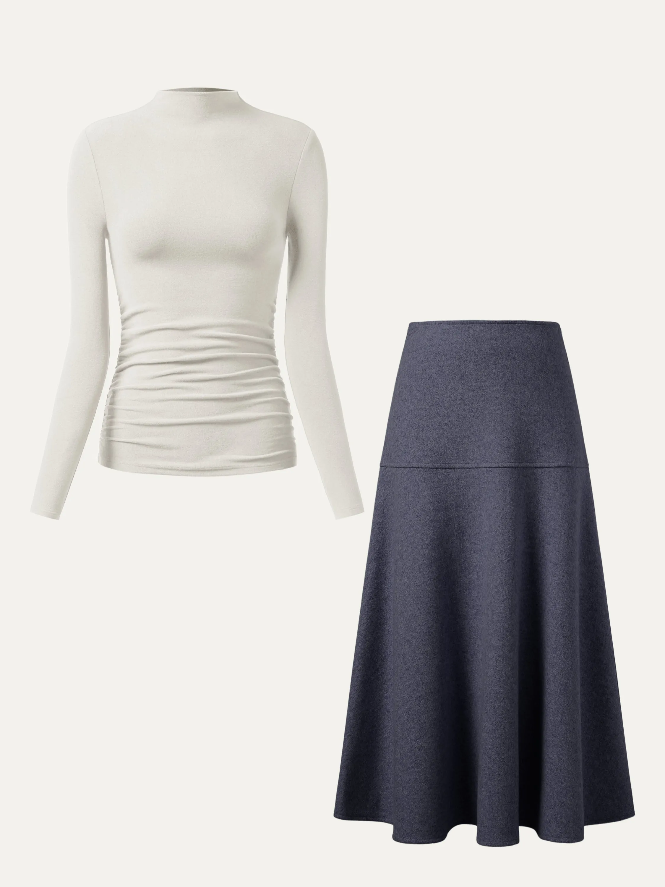 2Pcs Set Ruched Sides Tuckable Mockneck Top & Flared Maxi Skirt sold by OGLmove product image thumbnail 5