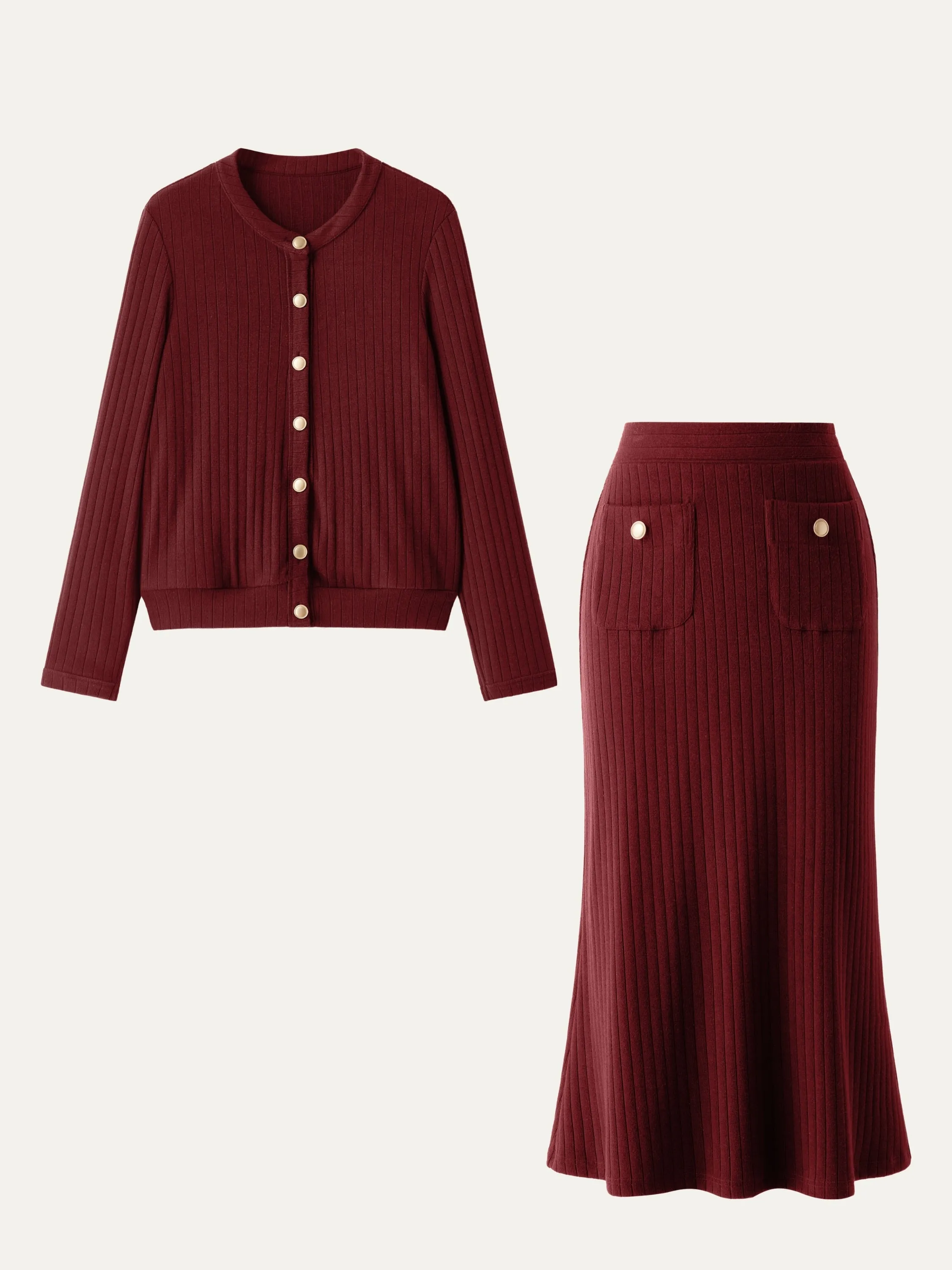 2Pcs Set Button-Down Cardigan & Gold Button Midi Skirt sold by ogl move product image thumbnail 5