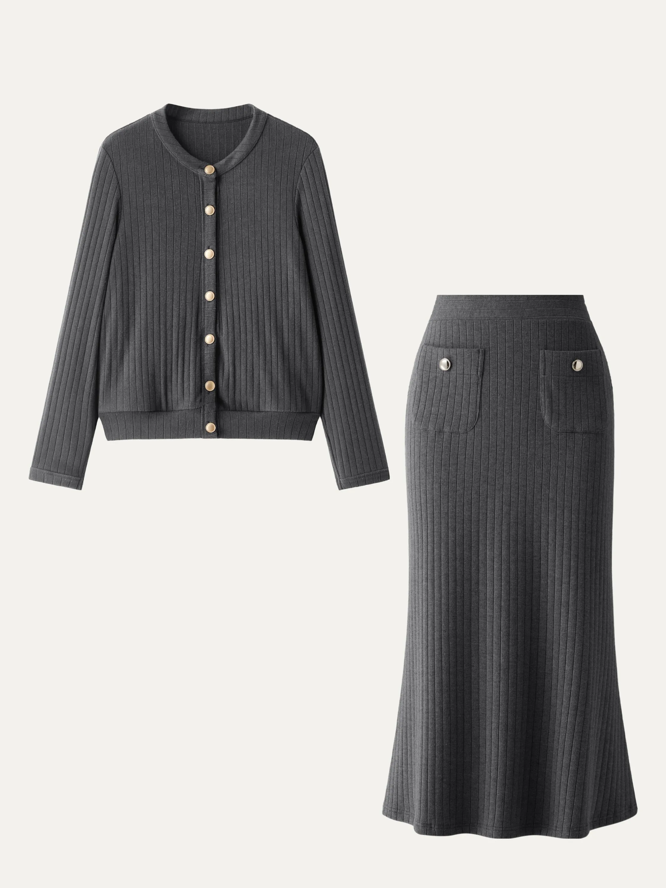 2Pcs Set Button-Down Cardigan & Gold Button Midi Skirt sold by ogl move product image thumbnail 3