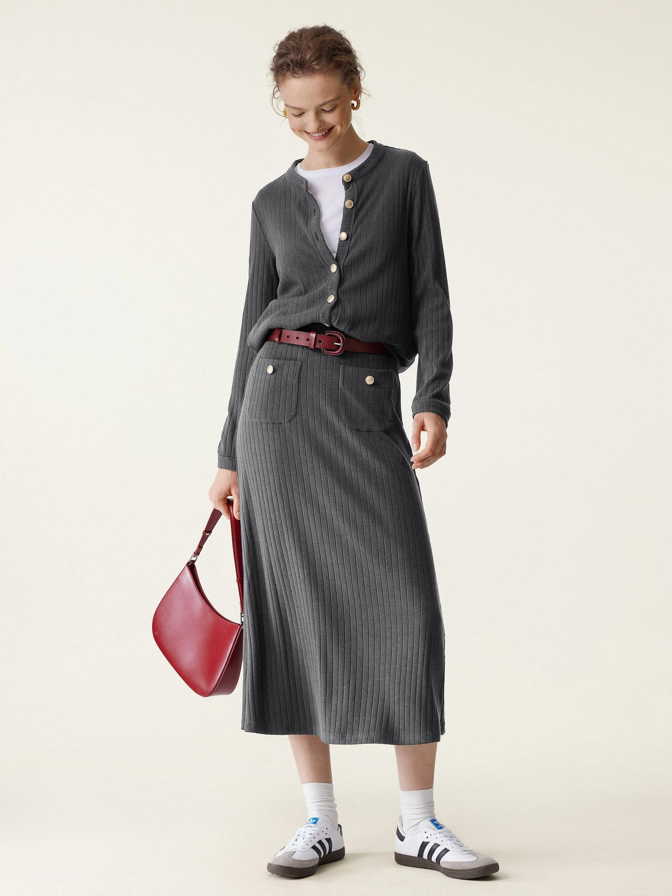 2Pcs Set Button-Down Cardigan & Gold Button Midi Skirt sold by ogl move