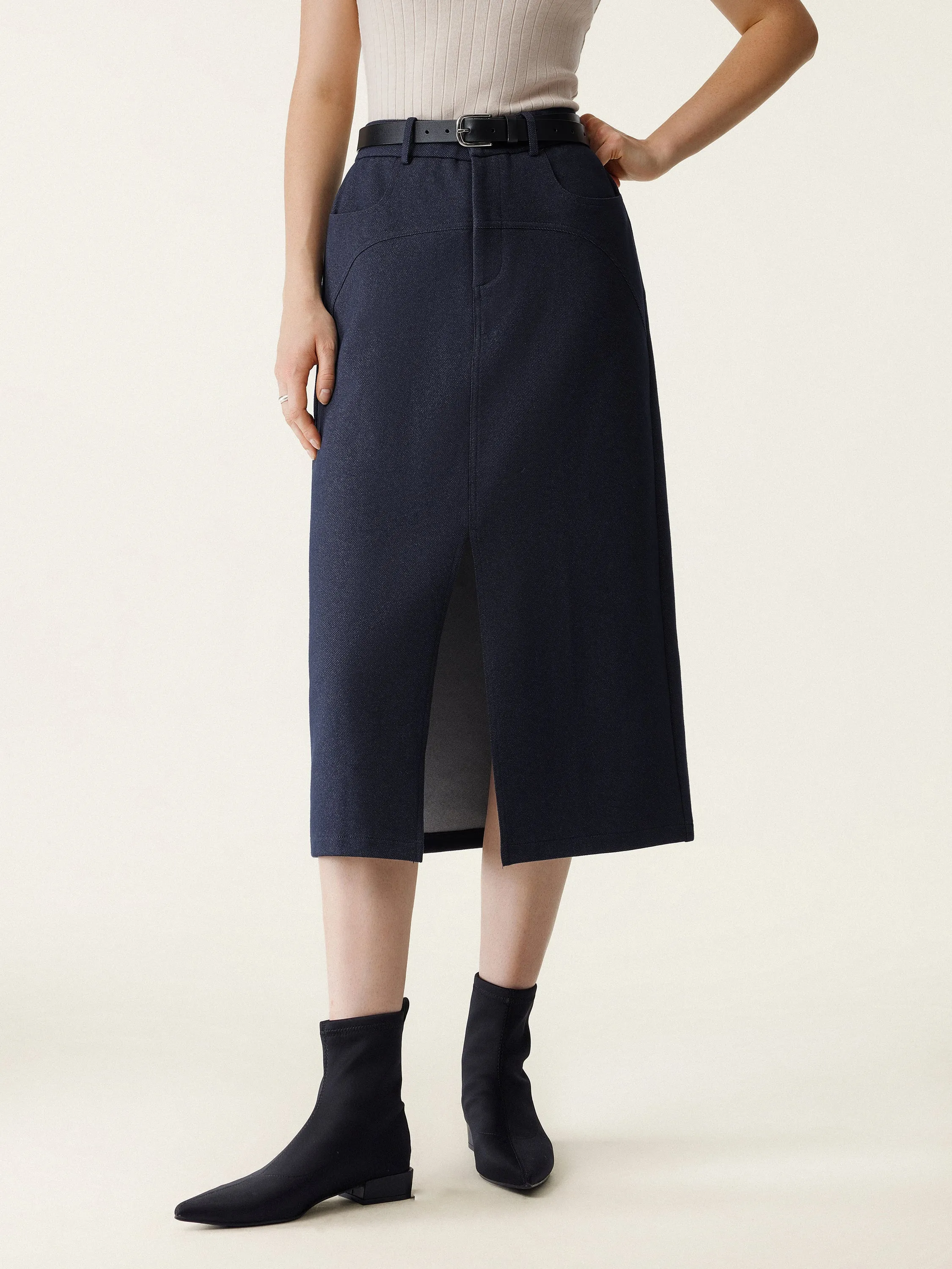 Front Slit Knit-Denim Midi Skirt sold by ogl move product image thumbnail 5