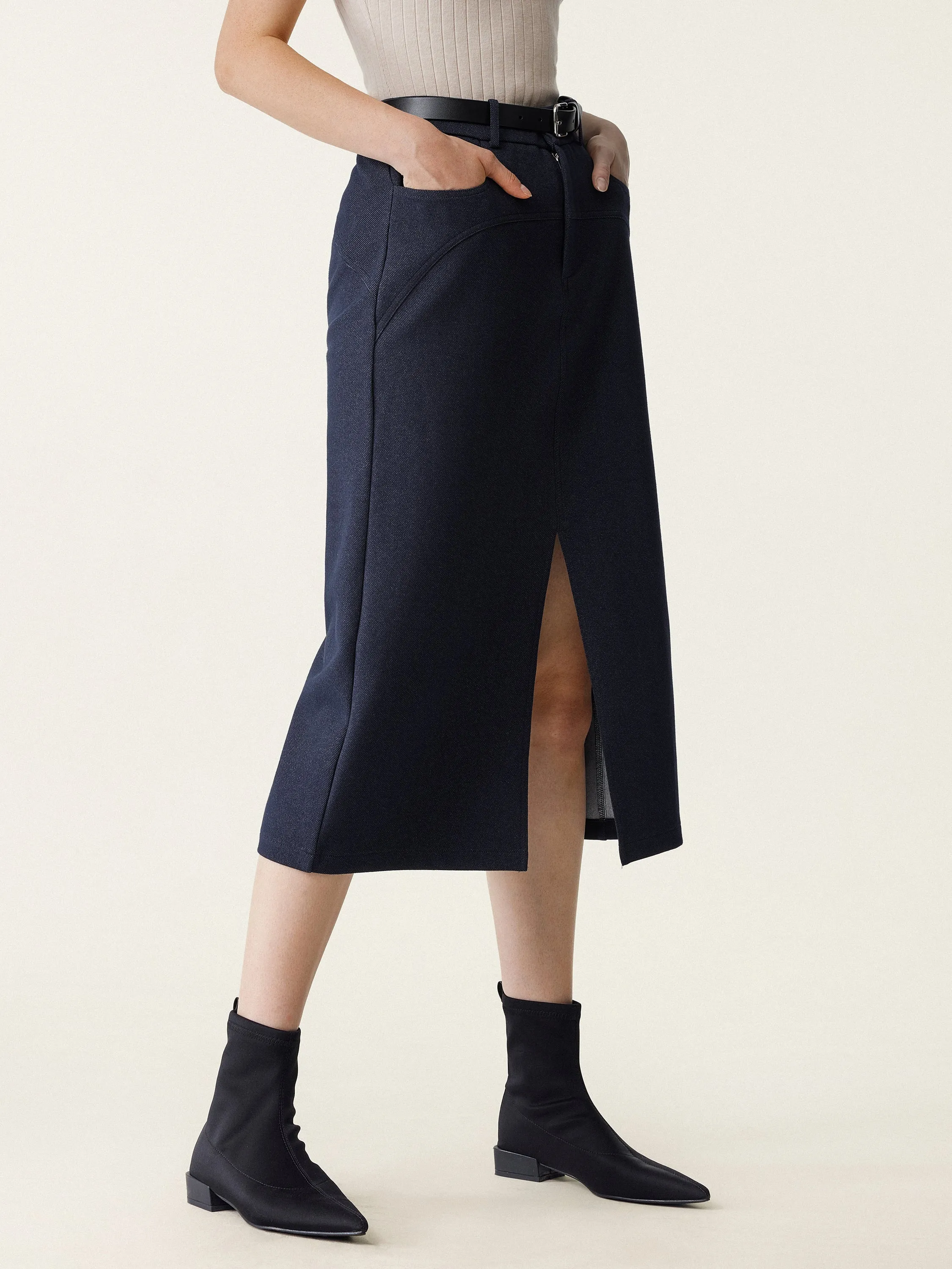 Front Slit Knit-Denim Midi Skirt sold by ogl move product image thumbnail 2