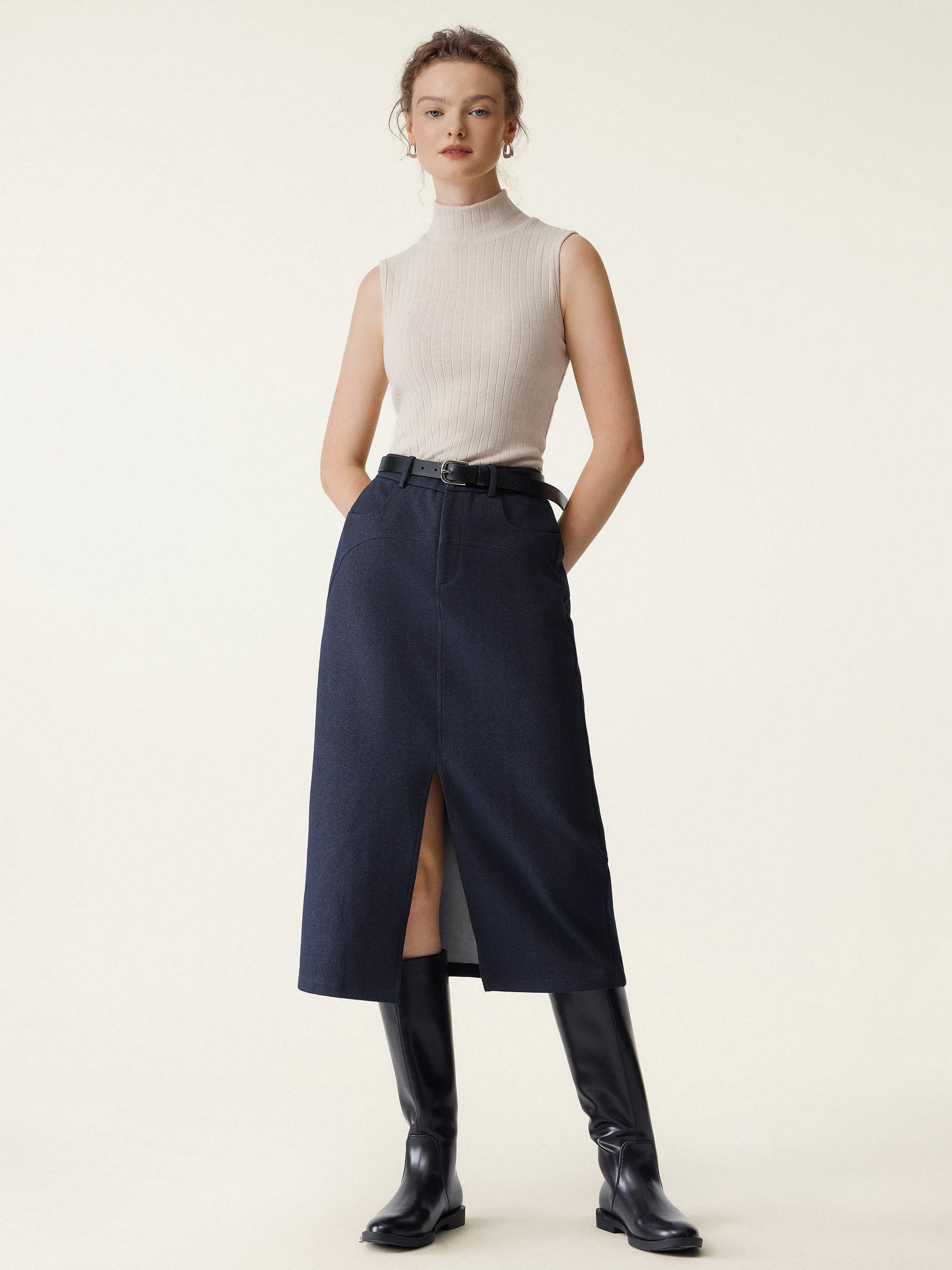 Front Slit Knit-Denim Midi Skirt sold by ogl move