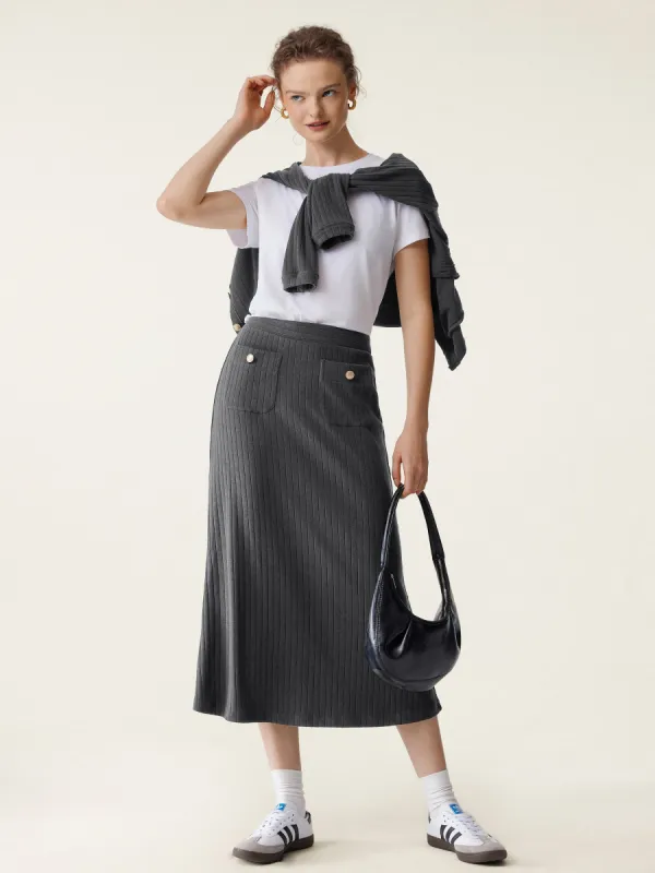 Wide Rib Gold Button Midi Skirt sold by ogl move